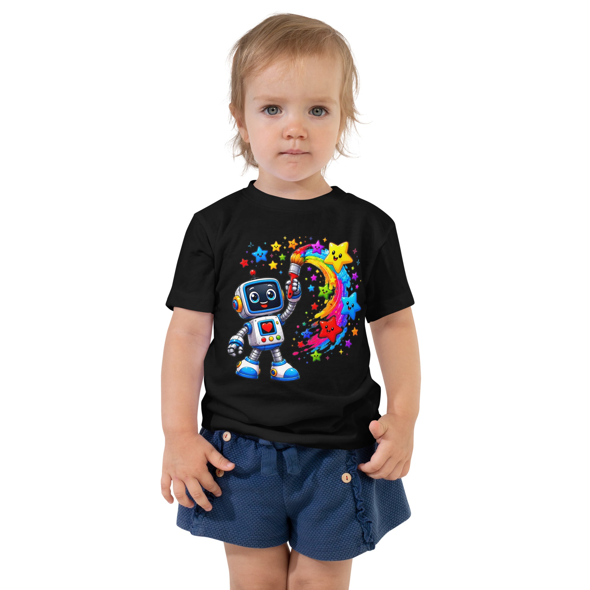 Toddler Short Sleeve Tee - Cute Artist Robot Rainbow Stars Toddler Tee – Colorful Little Creator Kids T-Shirt by printfluence.net