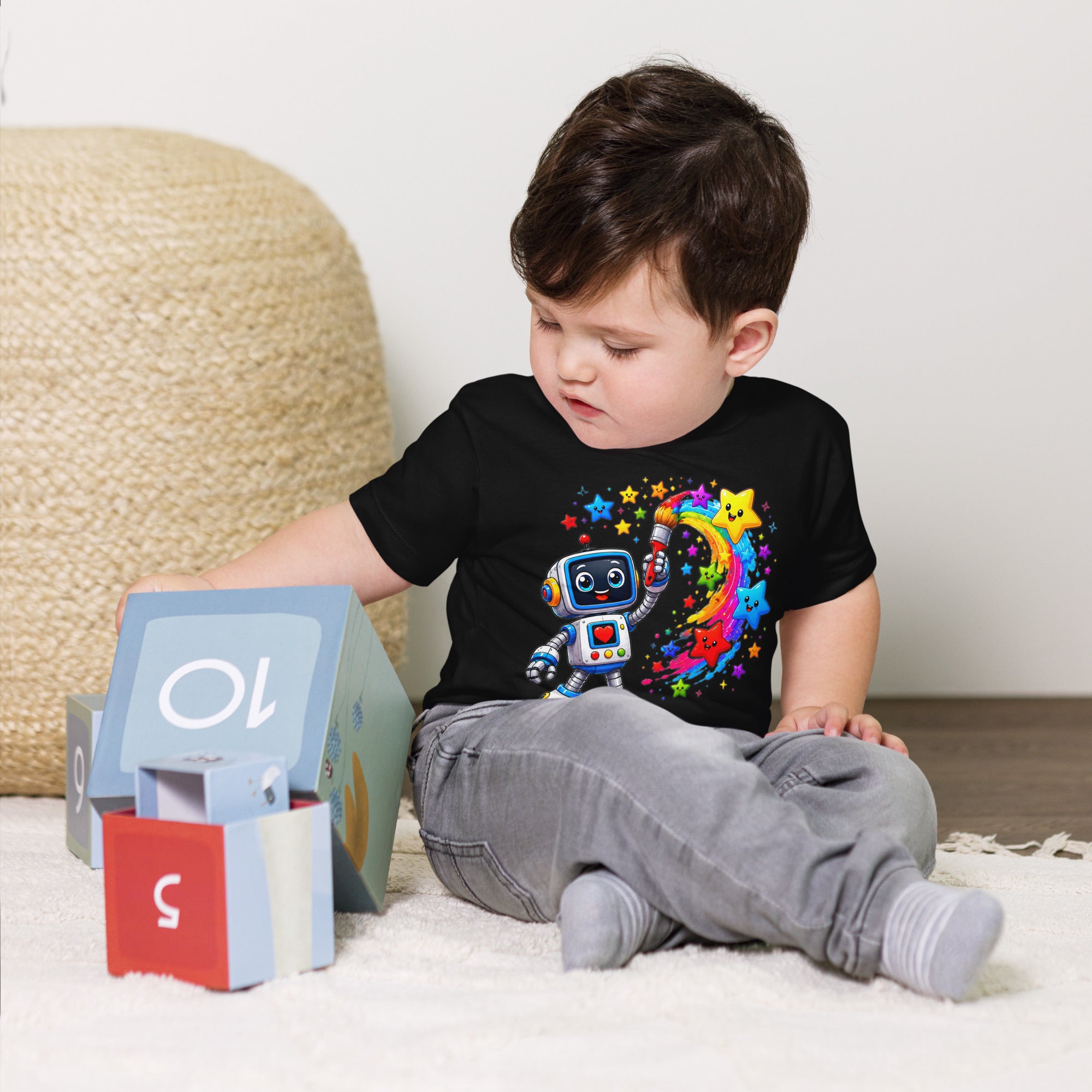 Toddler Short Sleeve Tee - Cute Artist Robot Rainbow Stars Toddler Tee – Colorful Little Creator Kids T-Shirt by printfluence.net