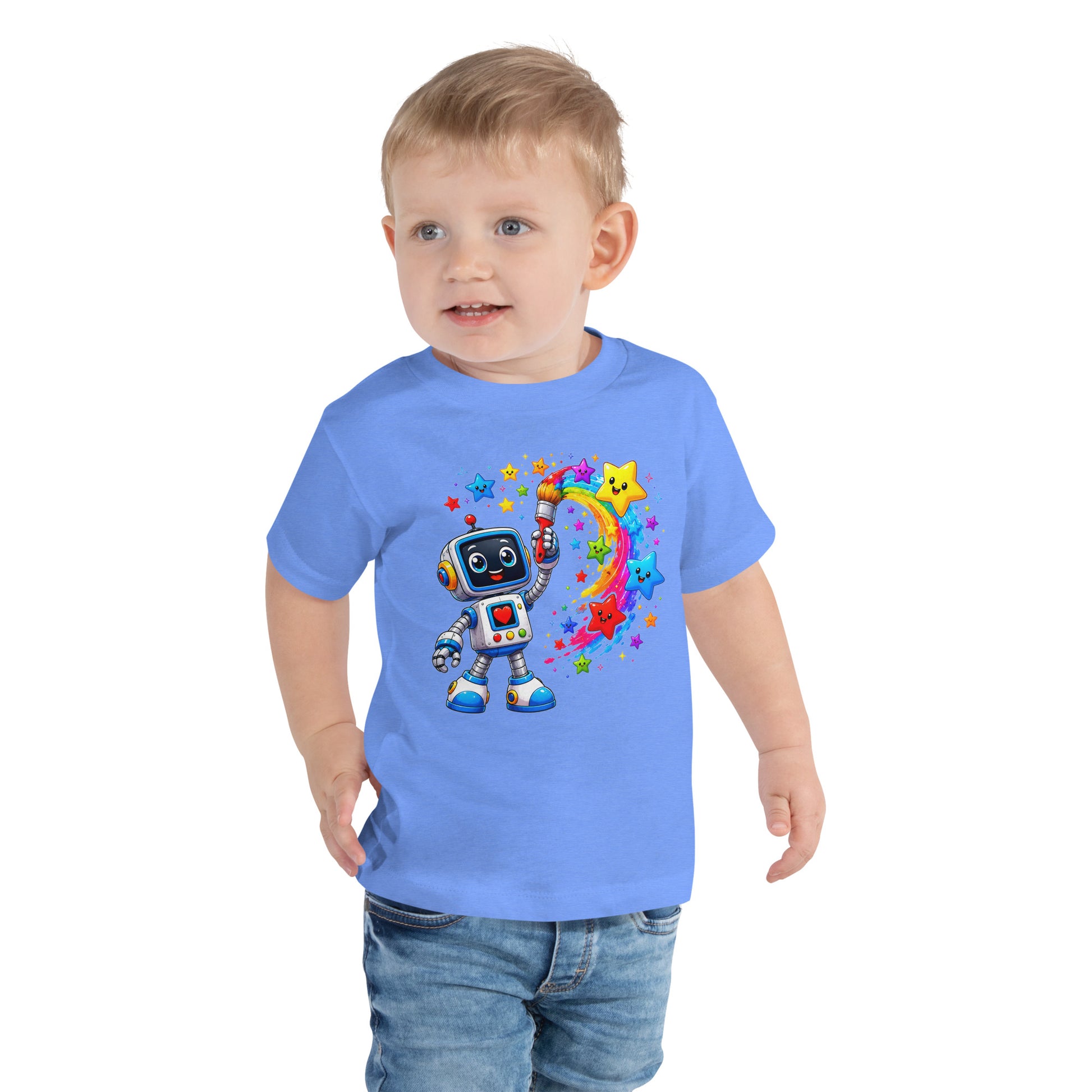 Toddler Short Sleeve Tee - Cute Artist Robot Rainbow Stars Toddler Tee – Colorful Little Creator Kids T-Shirt by printfluence.net