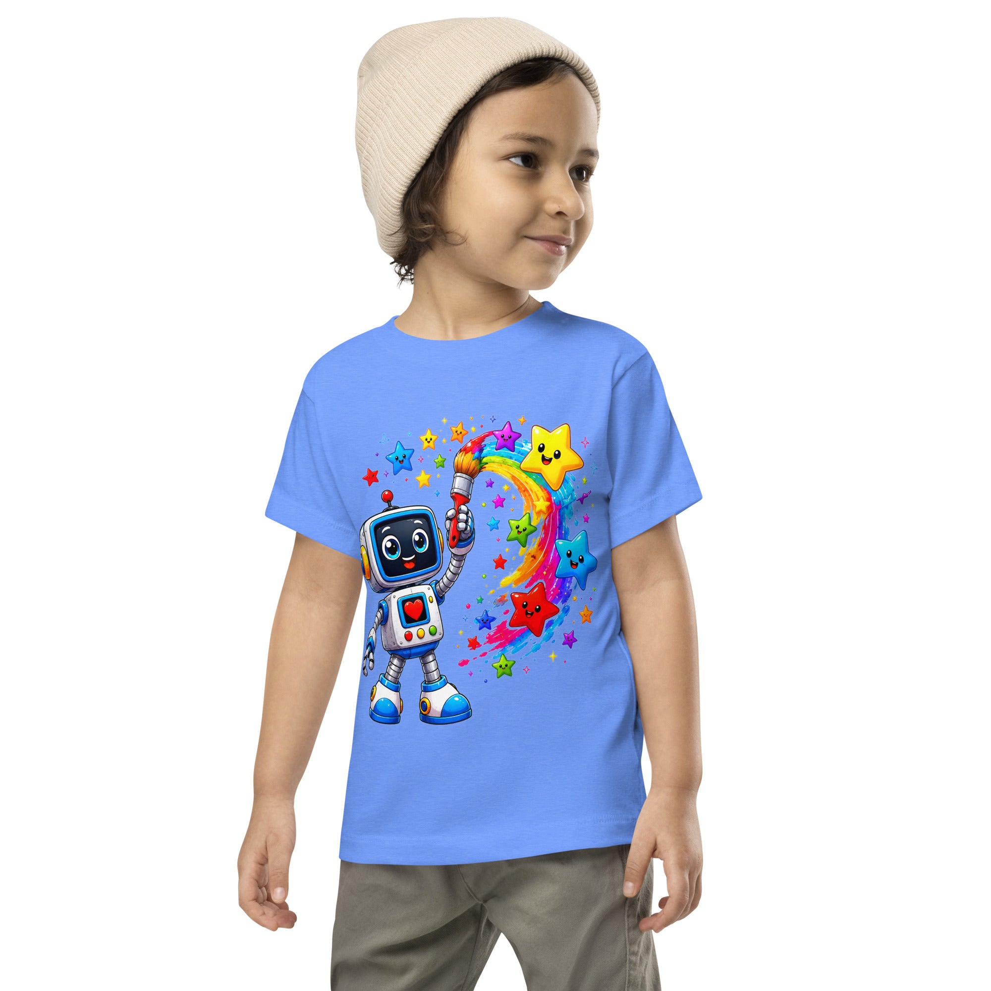 Toddler Short Sleeve Tee - Cute Artist Robot Rainbow Stars Toddler Tee – Colorful Little Creator Kids T-Shirt by printfluence.net
