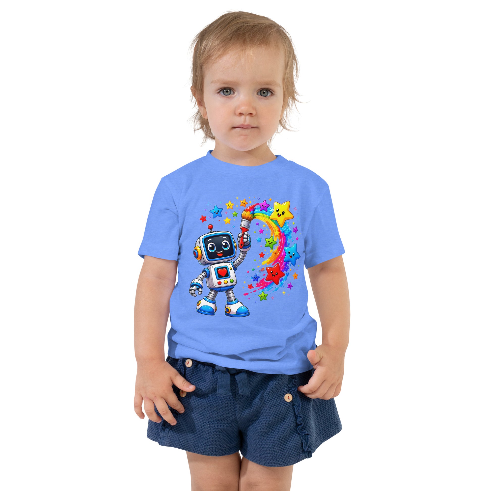 Toddler Short Sleeve Tee - Cute Artist Robot Rainbow Stars Toddler Tee – Colorful Little Creator Kids T-Shirt by printfluence.net