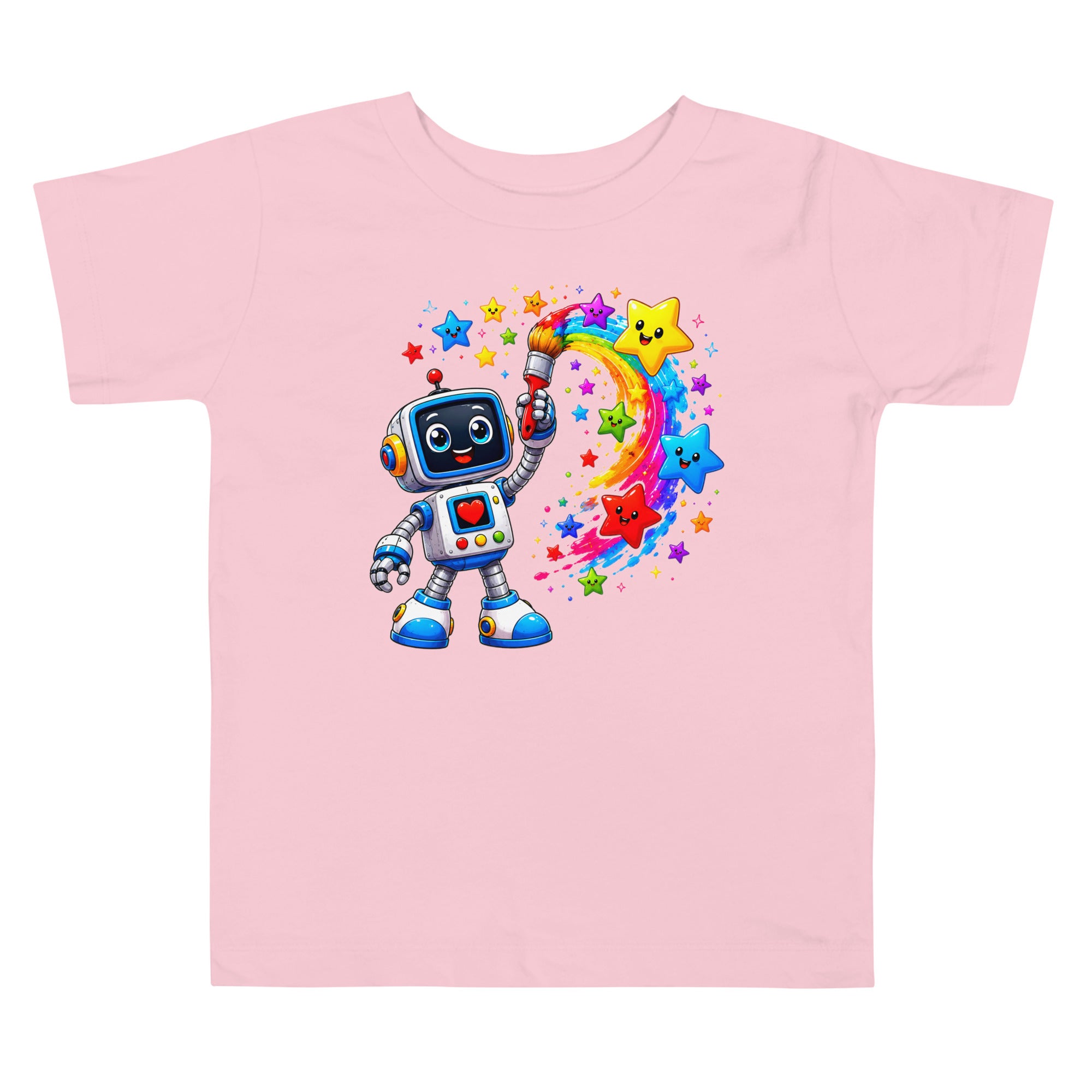 Toddler Short Sleeve Tee - Cute Artist Robot Rainbow Stars Toddler Tee – Colorful Little Creator Kids T-Shirt by printfluence.net