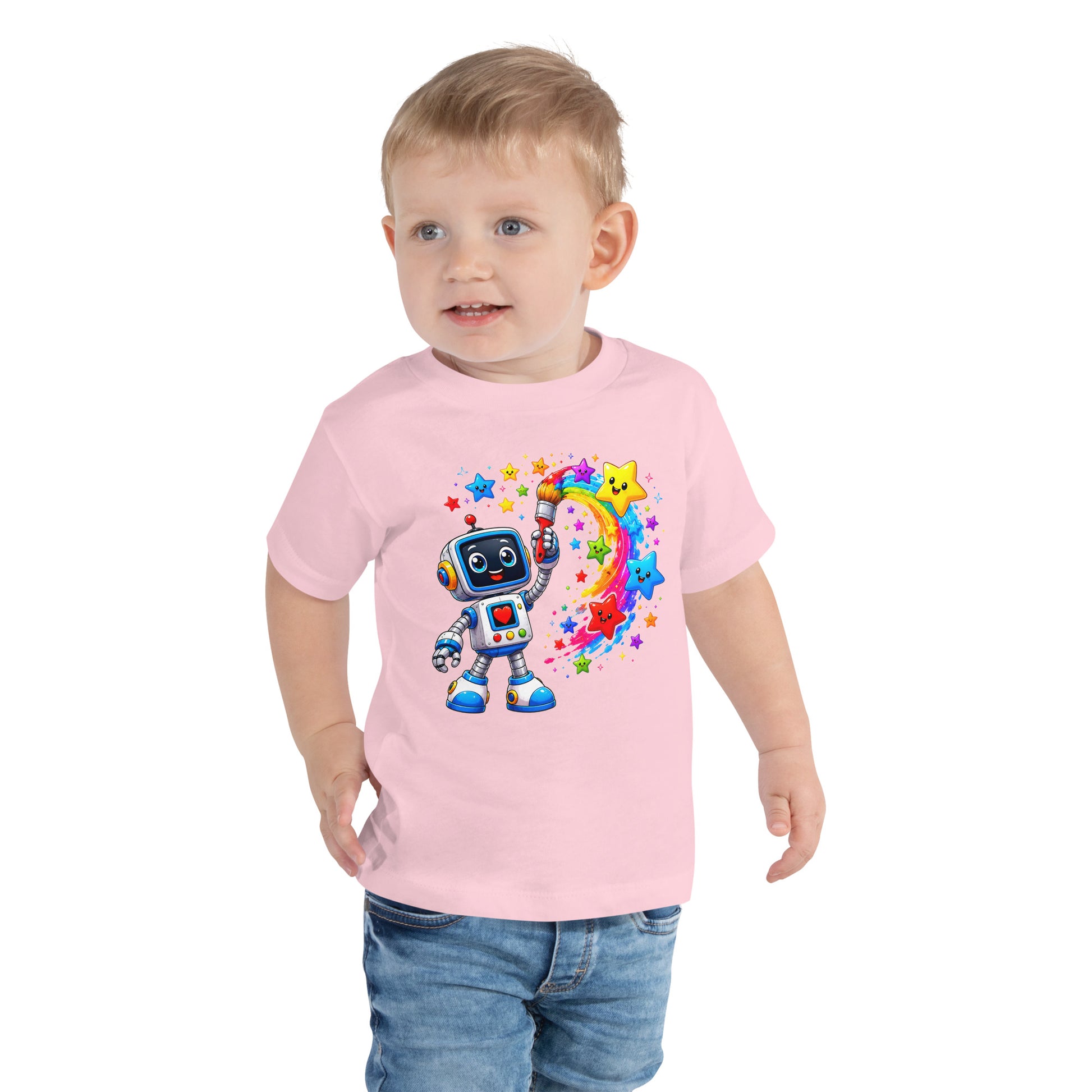 Toddler Short Sleeve Tee - Cute Artist Robot Rainbow Stars Toddler Tee – Colorful Little Creator Kids T-Shirt by printfluence.net