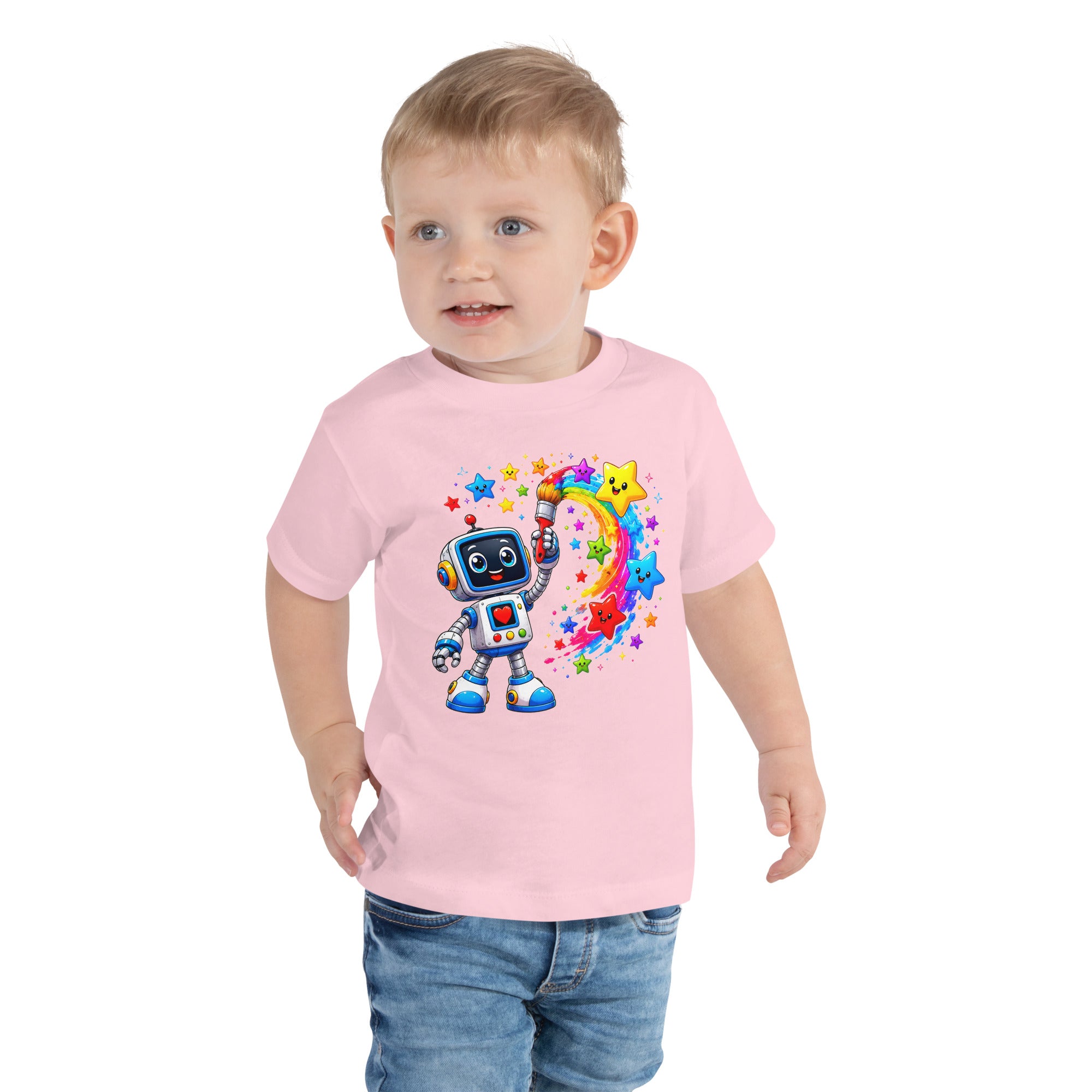 Toddler Short Sleeve Tee - Cute Artist Robot Rainbow Stars Toddler Tee – Colorful Little Creator Kids T-Shirt by printfluence.net