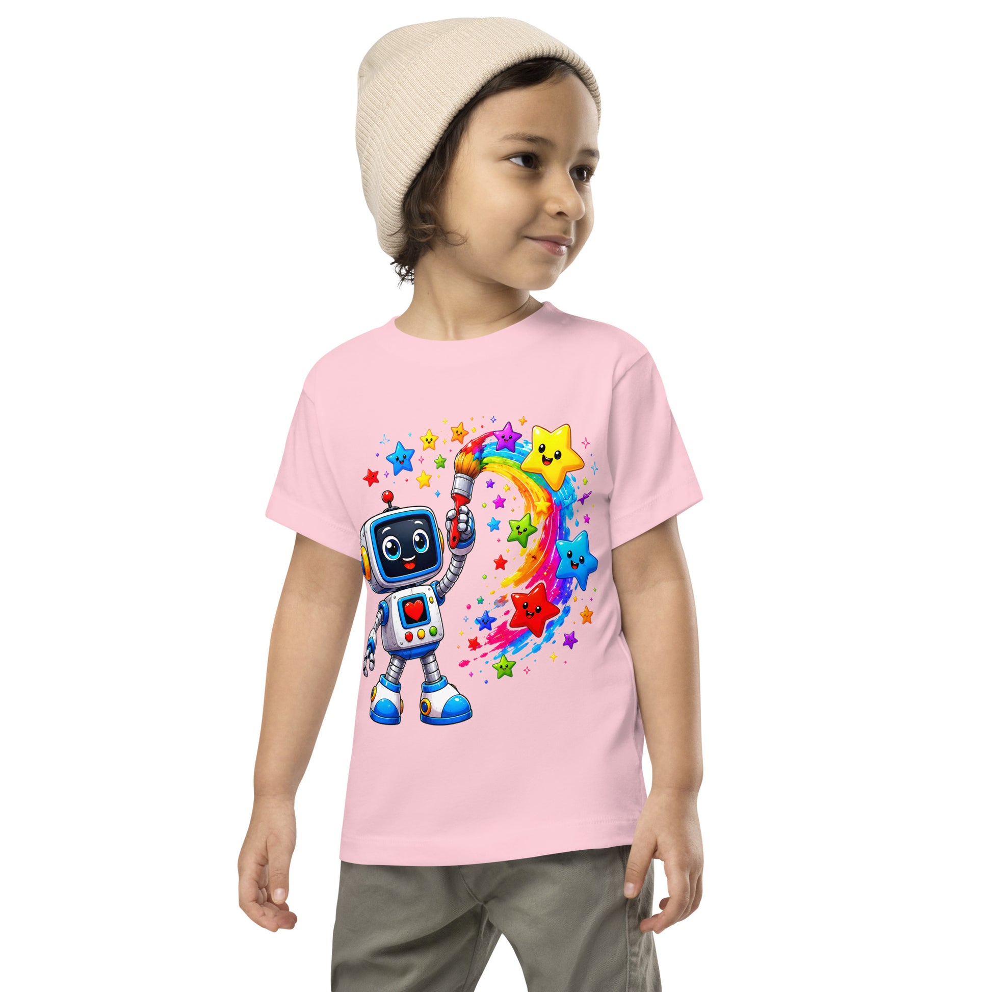 Toddler Short Sleeve Tee - Cute Artist Robot Rainbow Stars Toddler Tee – Colorful Little Creator Kids T-Shirt by printfluence.net