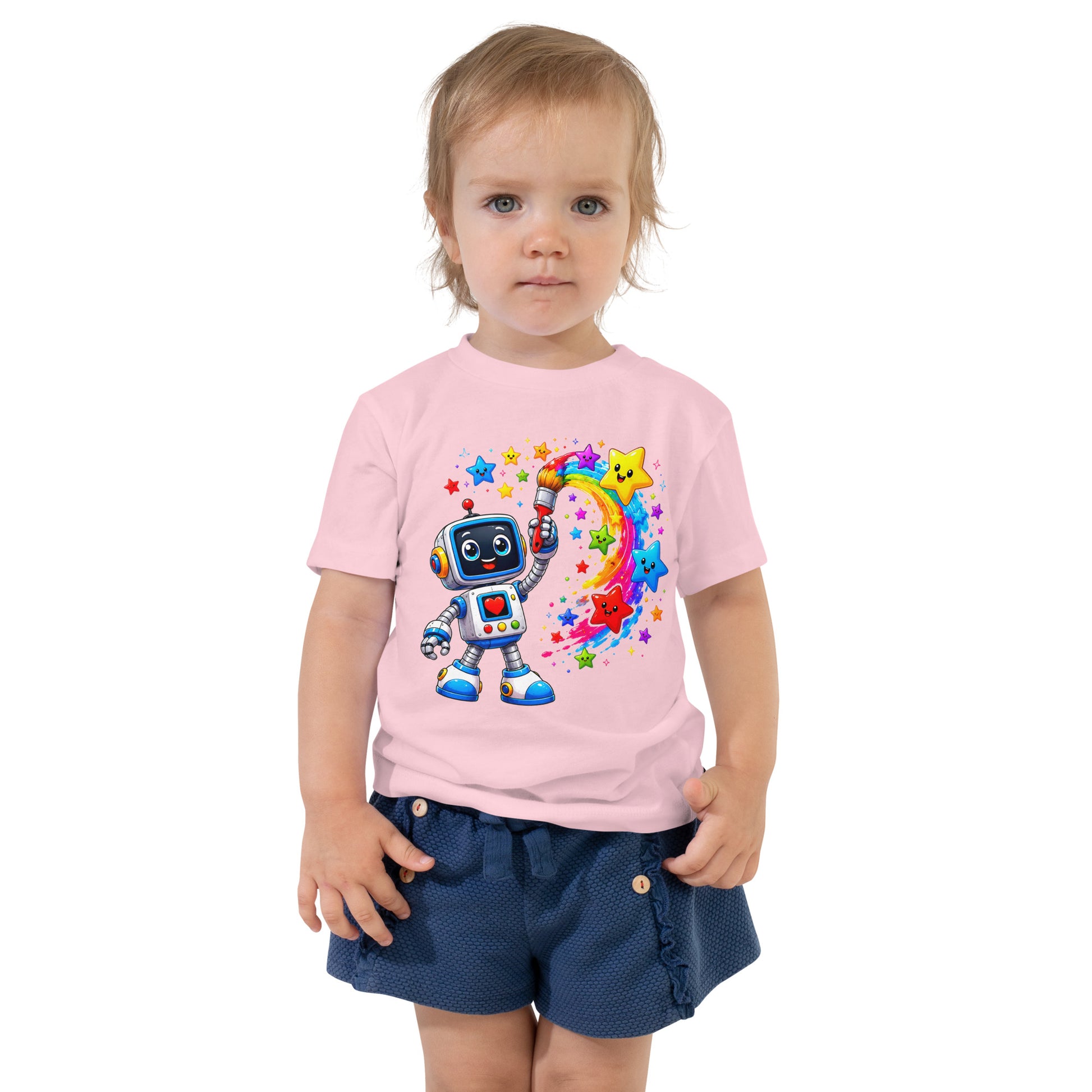 Toddler Short Sleeve Tee - Cute Artist Robot Rainbow Stars Toddler Tee – Colorful Little Creator Kids T-Shirt by printfluence.net