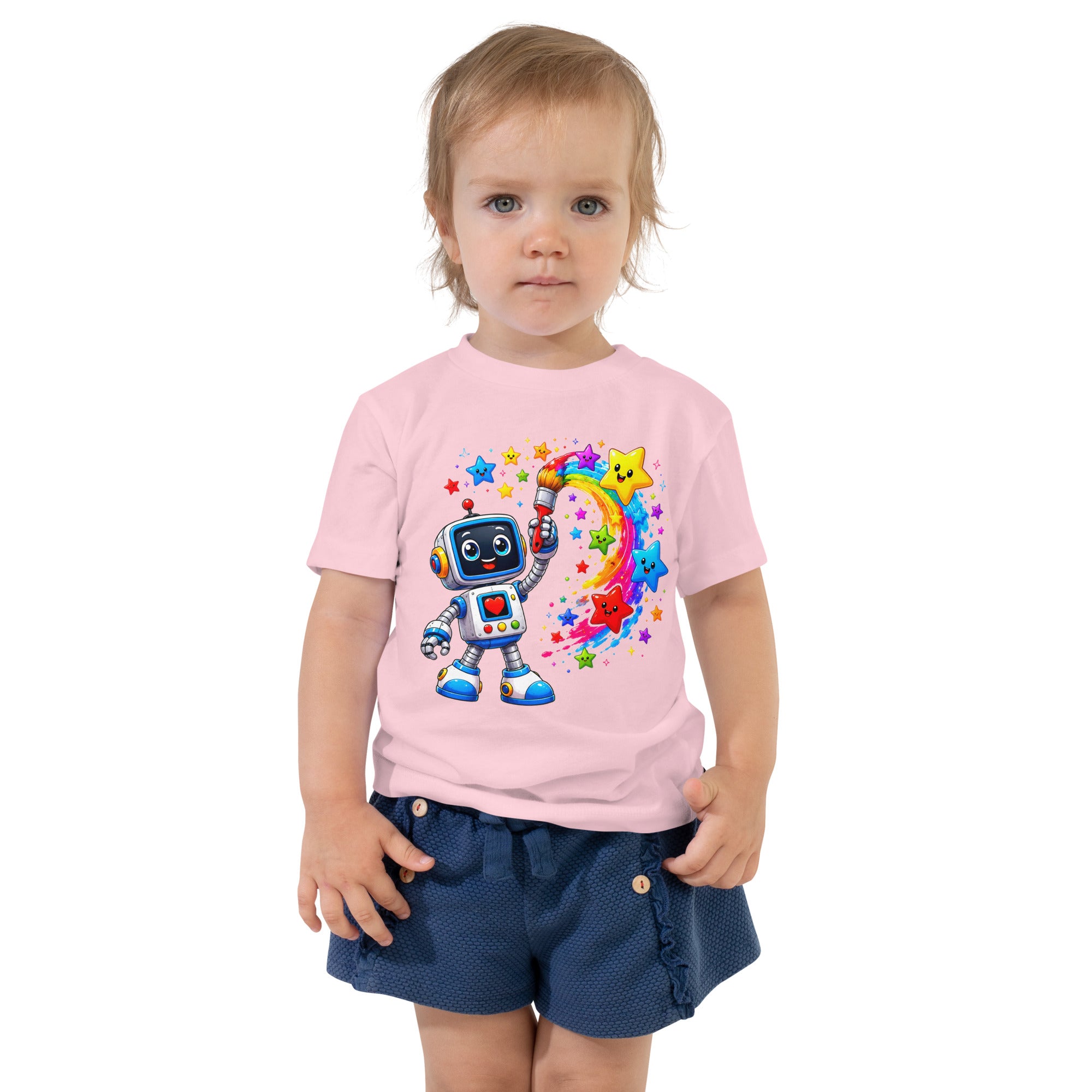 Toddler Short Sleeve Tee - Cute Artist Robot Rainbow Stars Toddler Tee – Colorful Little Creator Kids T-Shirt by printfluence.net