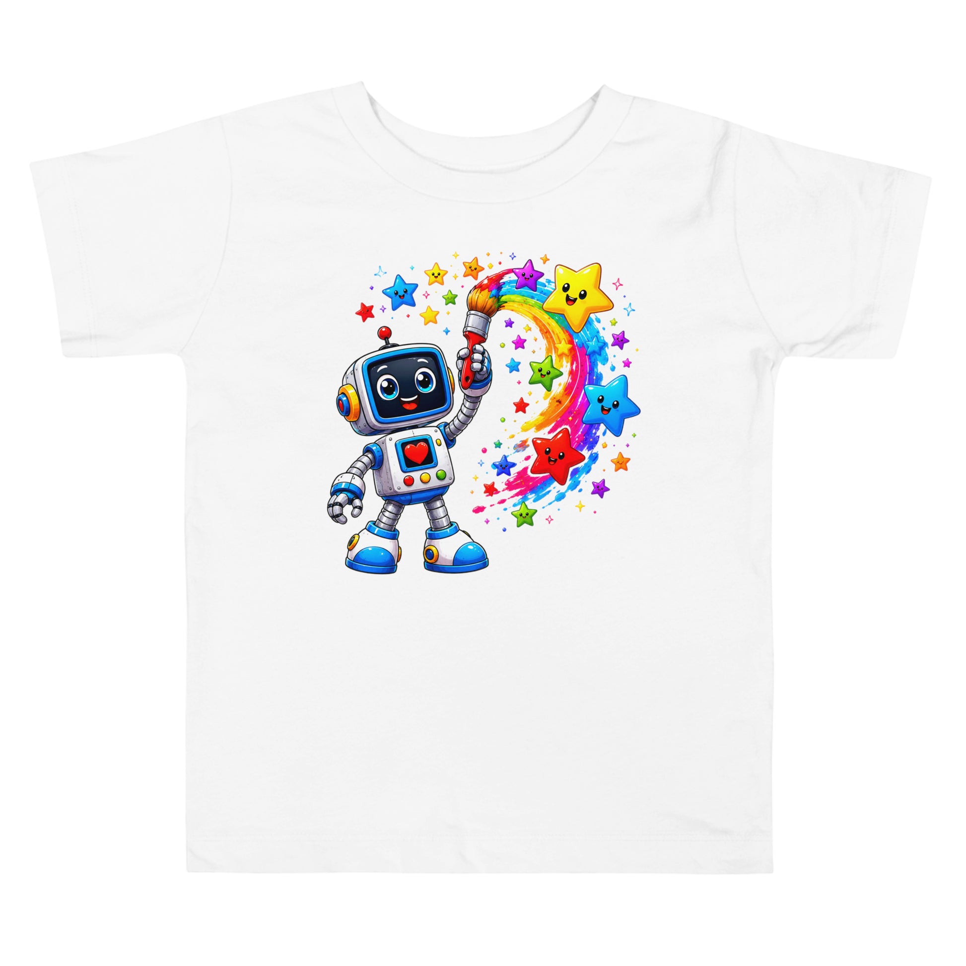 Toddler Short Sleeve Tee - Cute Artist Robot Rainbow Stars Toddler Tee – Colorful Little Creator Kids T-Shirt by printfluence.net