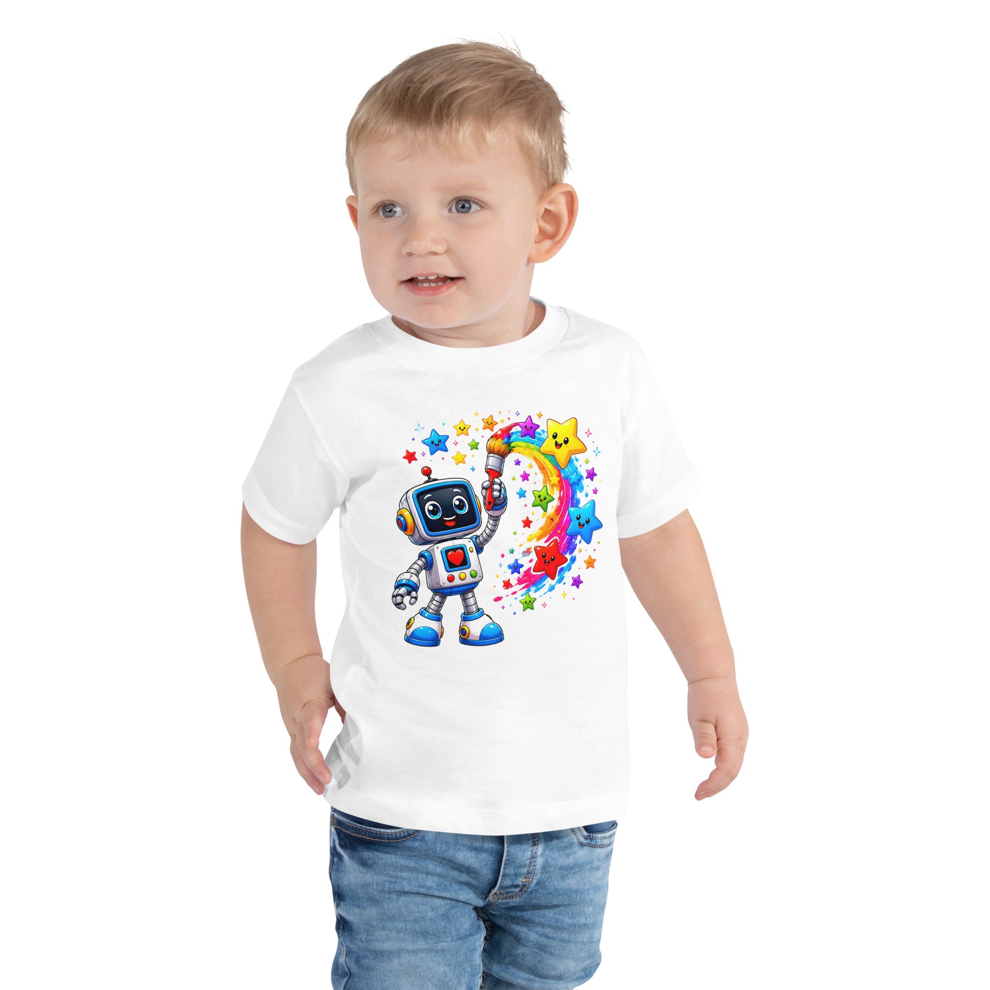 Toddler Short Sleeve Tee - Cute Artist Robot Rainbow Stars Toddler Tee – Colorful Little Creator Kids T-Shirt by printfluence.net