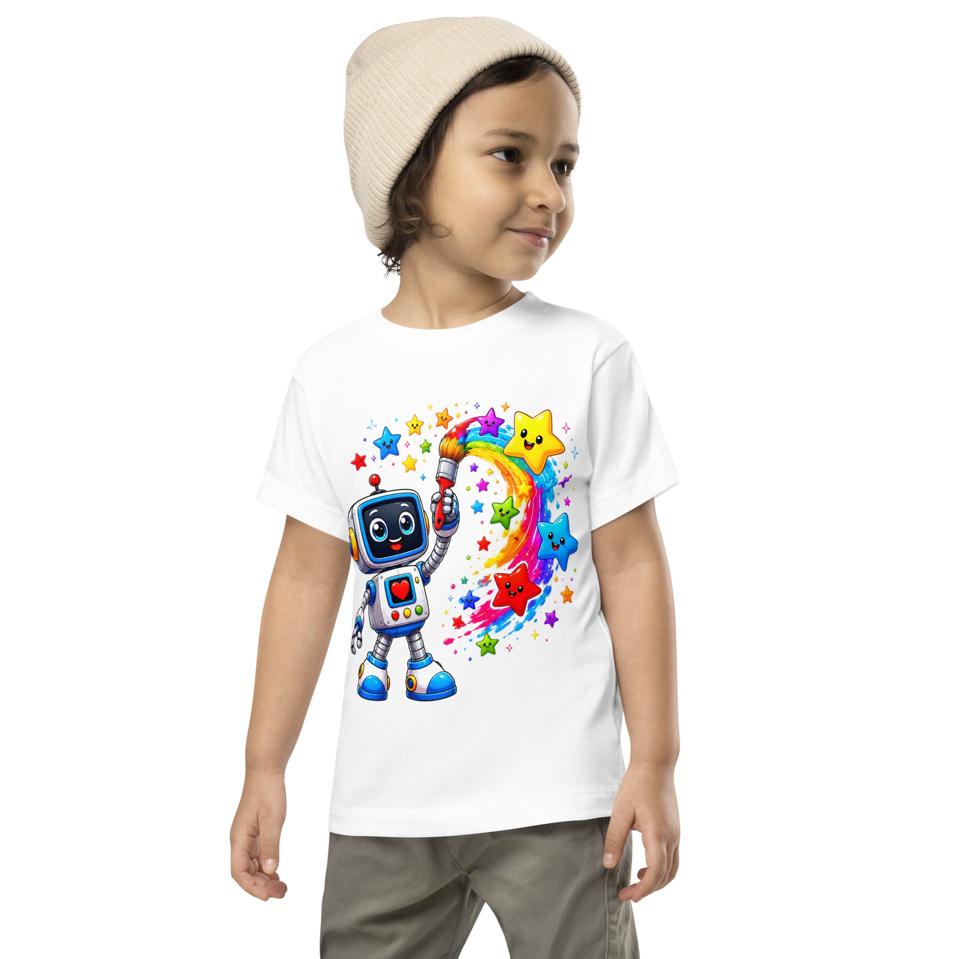 Toddler Short Sleeve Tee - Cute Artist Robot Rainbow Stars Toddler Tee – Colorful Little Creator Kids T-Shirt by printfluence.net