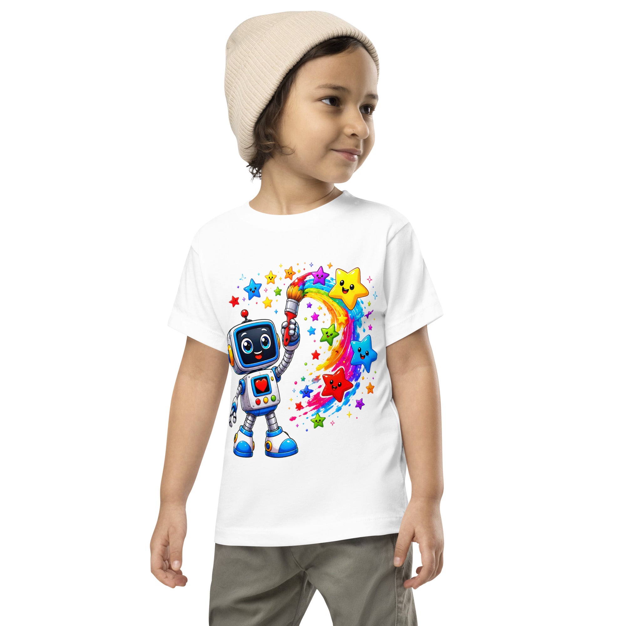 Toddler Short Sleeve Tee - Cute Artist Robot Rainbow Stars Toddler Tee – Colorful Little Creator Kids T-Shirt by printfluence.net