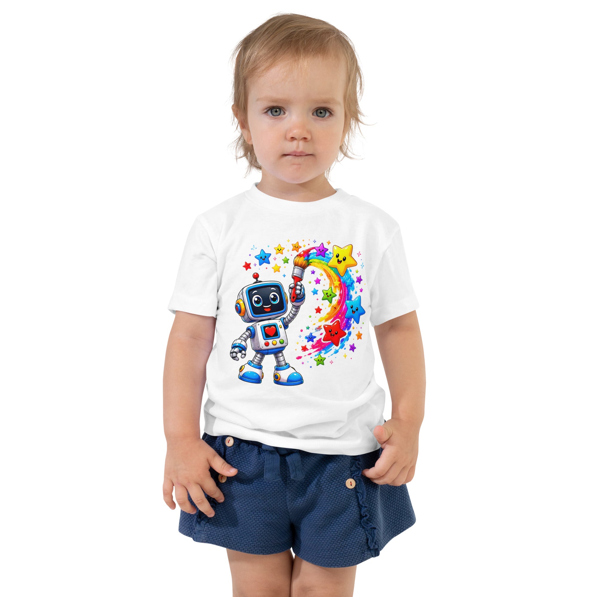 Toddler Short Sleeve Tee - Cute Artist Robot Rainbow Stars Toddler Tee – Colorful Little Creator Kids T-Shirt by printfluence.net