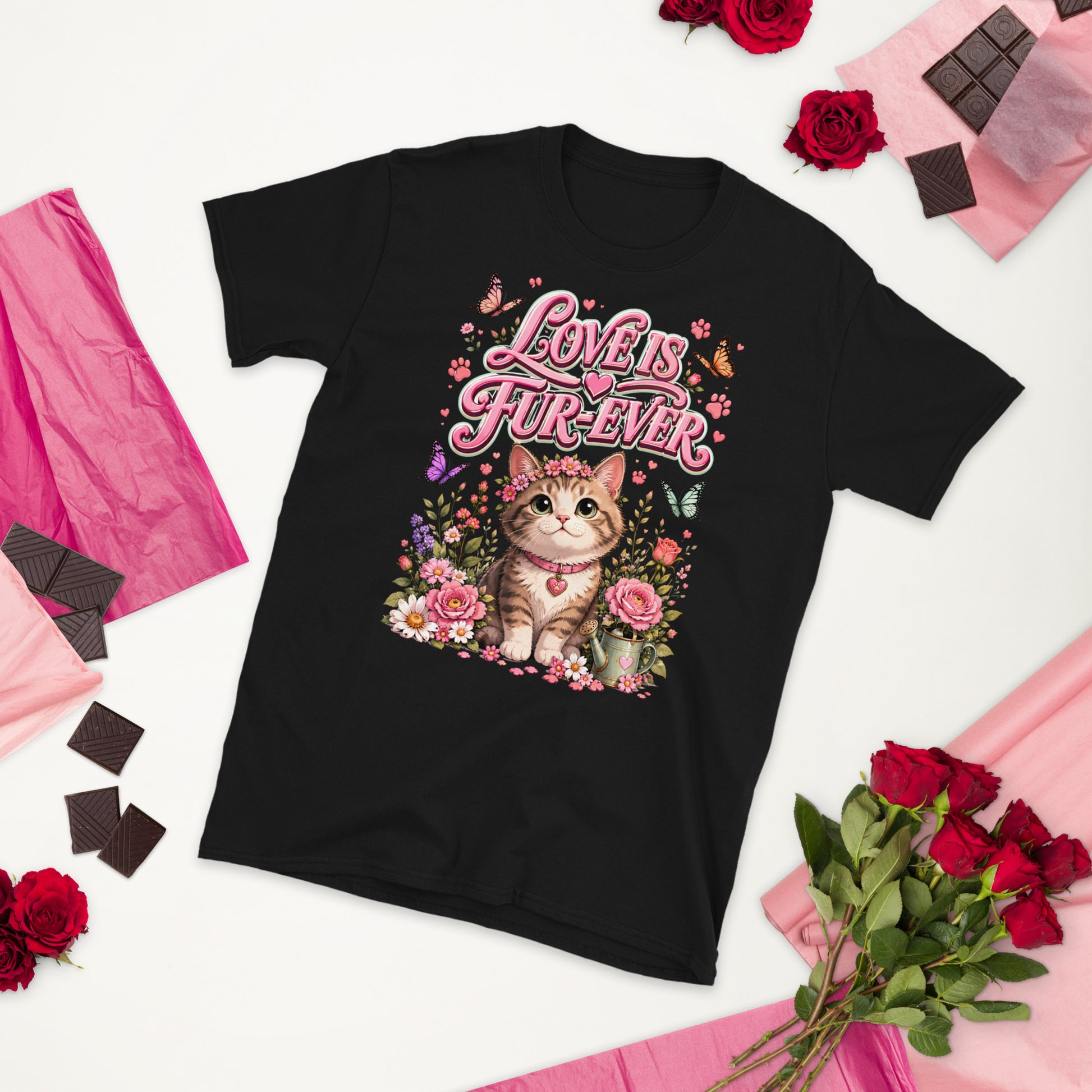 Unisex T-Shirt - Elite Love Is Fur-Ever Kitten - Premium Luxury Retro Floral Design by printfluence.net