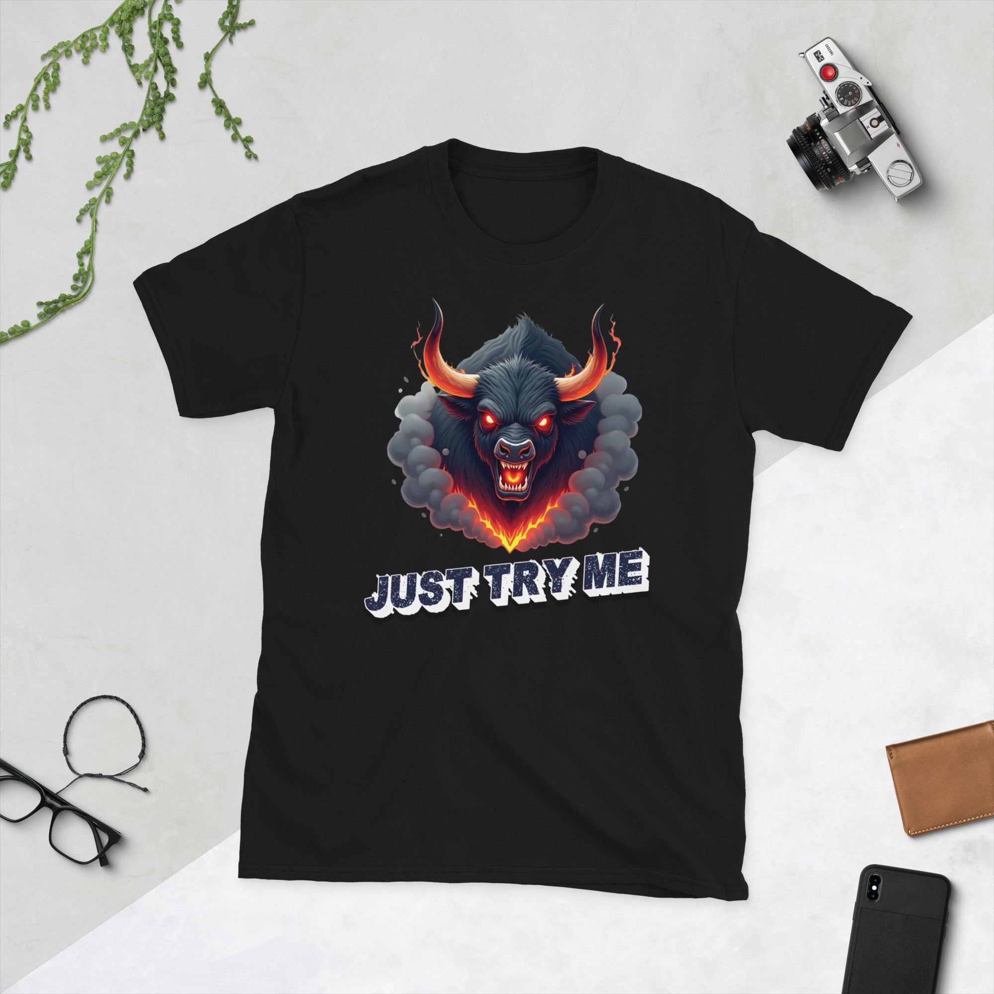 Short-Sleeve Unisex T-Shirt - Just Try Me Bull Short-Sleeve Tee – Fearless Power for Elite Warriors by printfluence.net