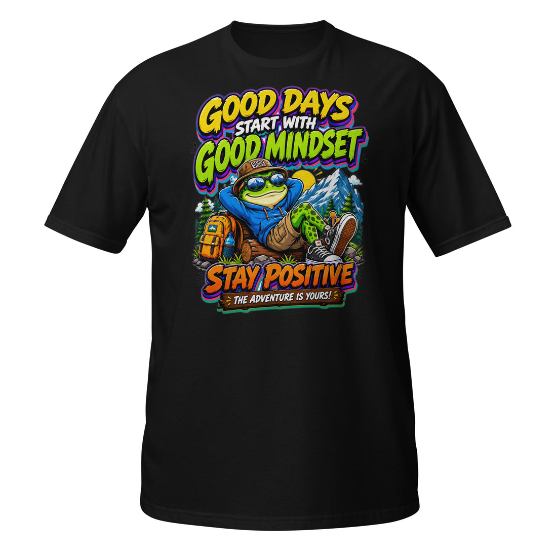 Short-Sleeve Unisex T-Shirt - Elite Adventurer Frog Good Mindset - Premium Cosmic Mountain Positive Design by printfluence.net