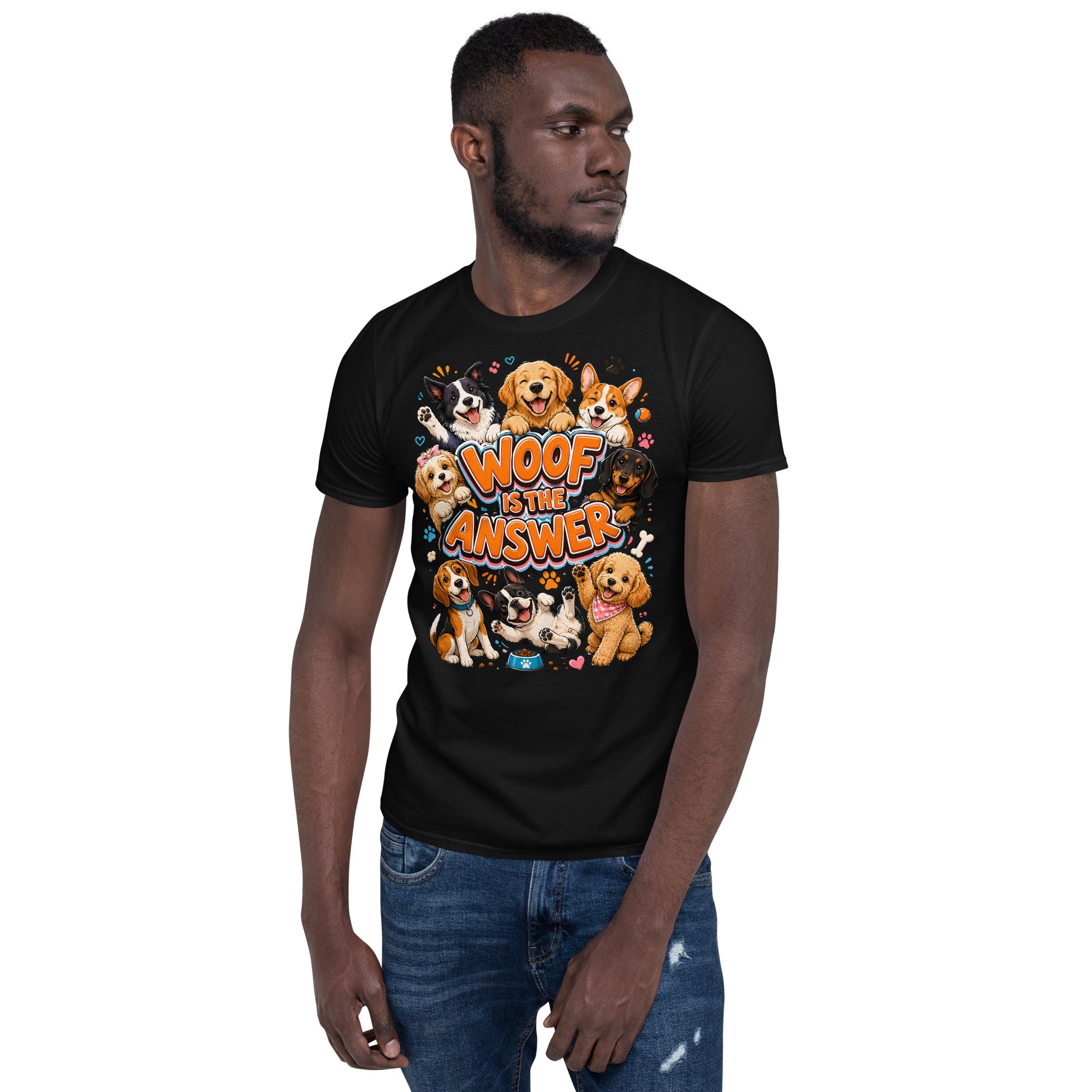Woof is the Answer Cute Multi-Breed Puppy Short-Sleeve Unisex T-Shirt - Happy Dog Lover Graphic Tee by printfluence.net