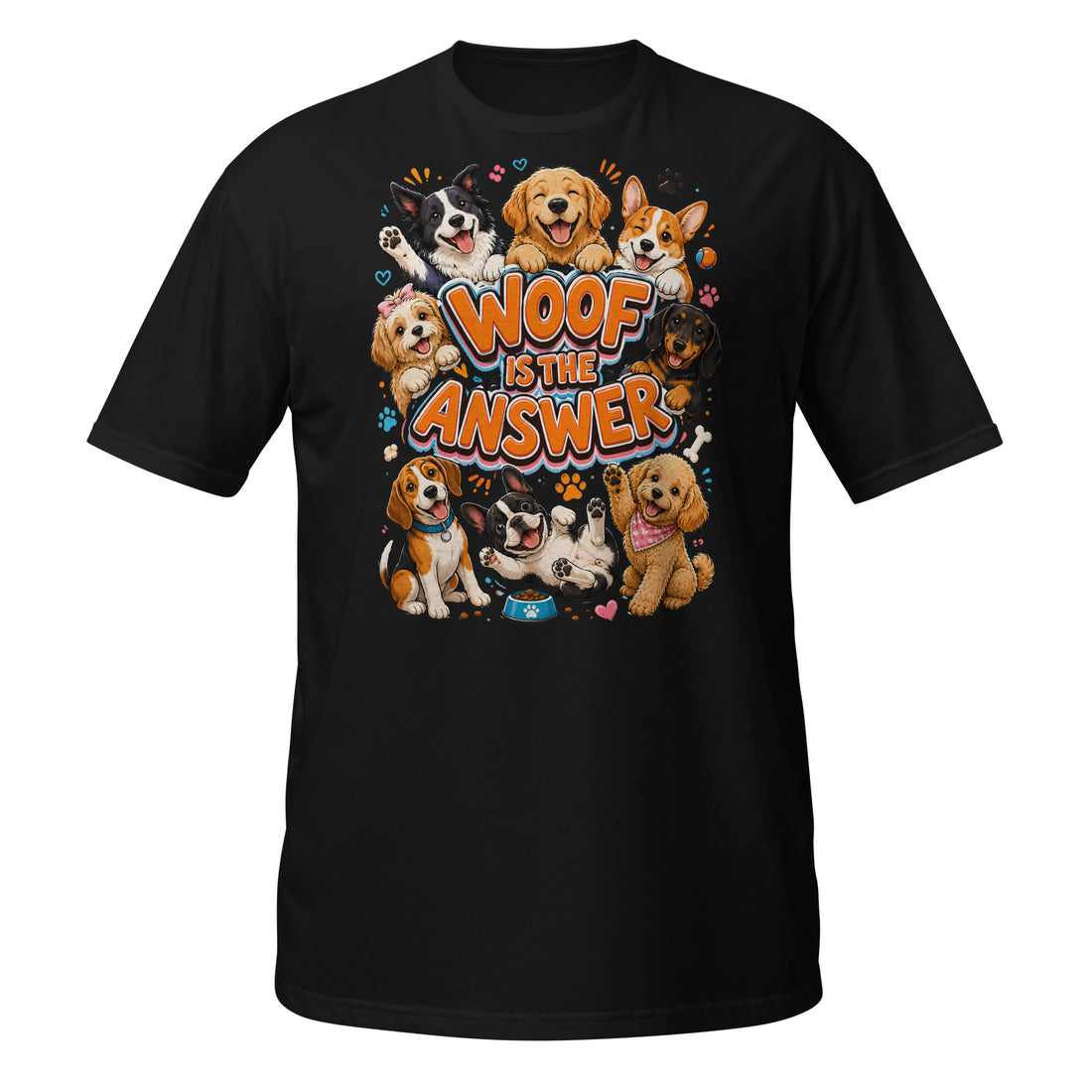 Woof is the Answer Cute Multi-Breed Puppy Short-Sleeve Unisex T-Shirt - Happy Dog Lover Graphic Tee by printfluence.net
