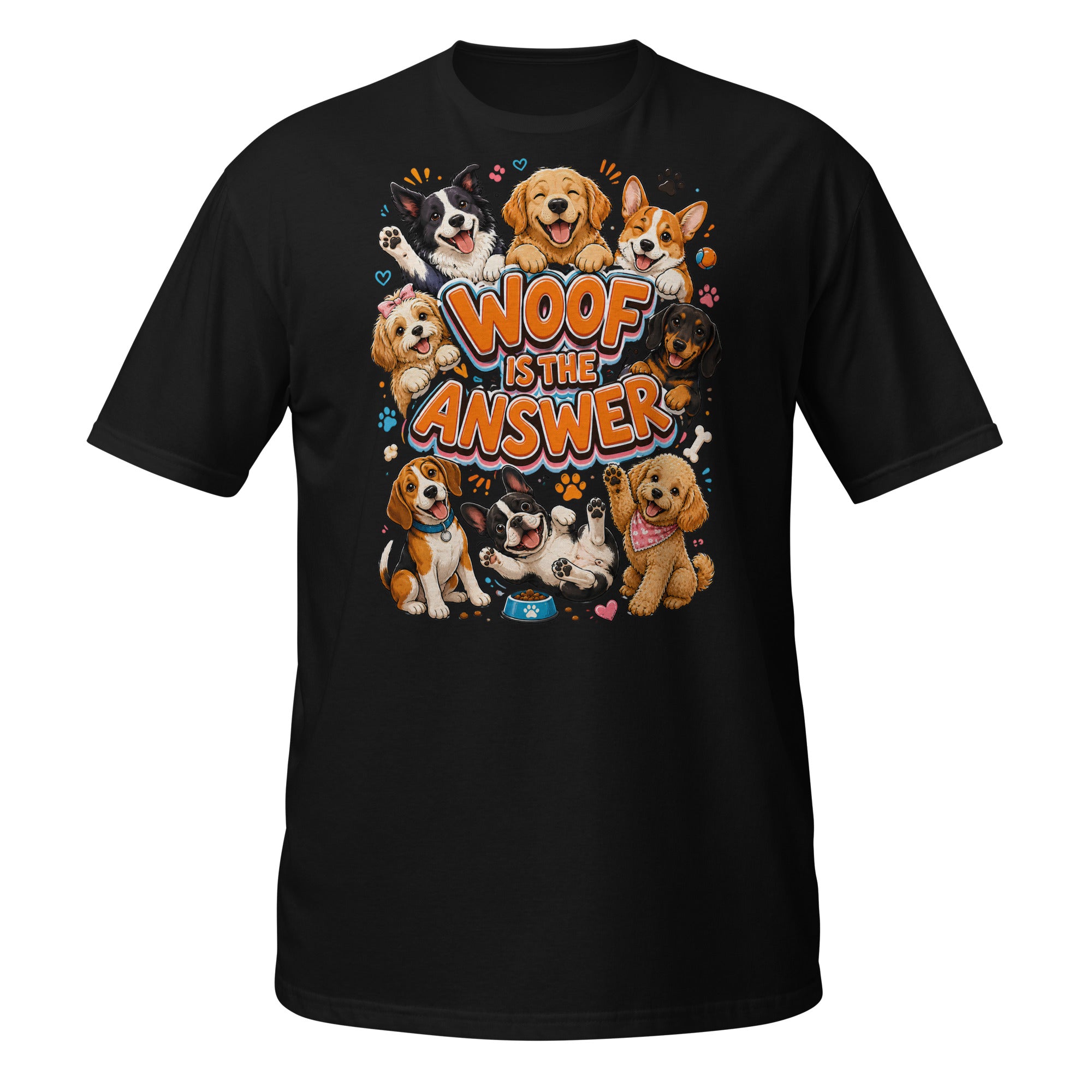 Woof is the Answer Cute Multi-Breed Puppy Short-Sleeve Unisex T-Shirt - Happy Dog Lover Graphic Tee by printfluence.net