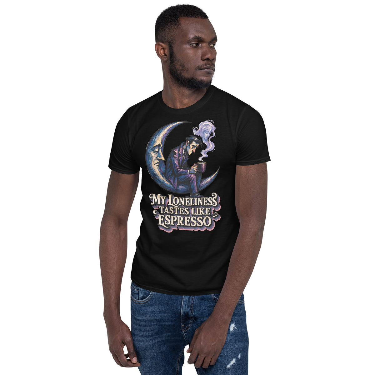 Coffee Lovers Short-Sleeve Unisex T-Shirt My Loneliness Tastes Like Espresso – Melancholic Moon & Coffee Graphic Tee by printfluence.net