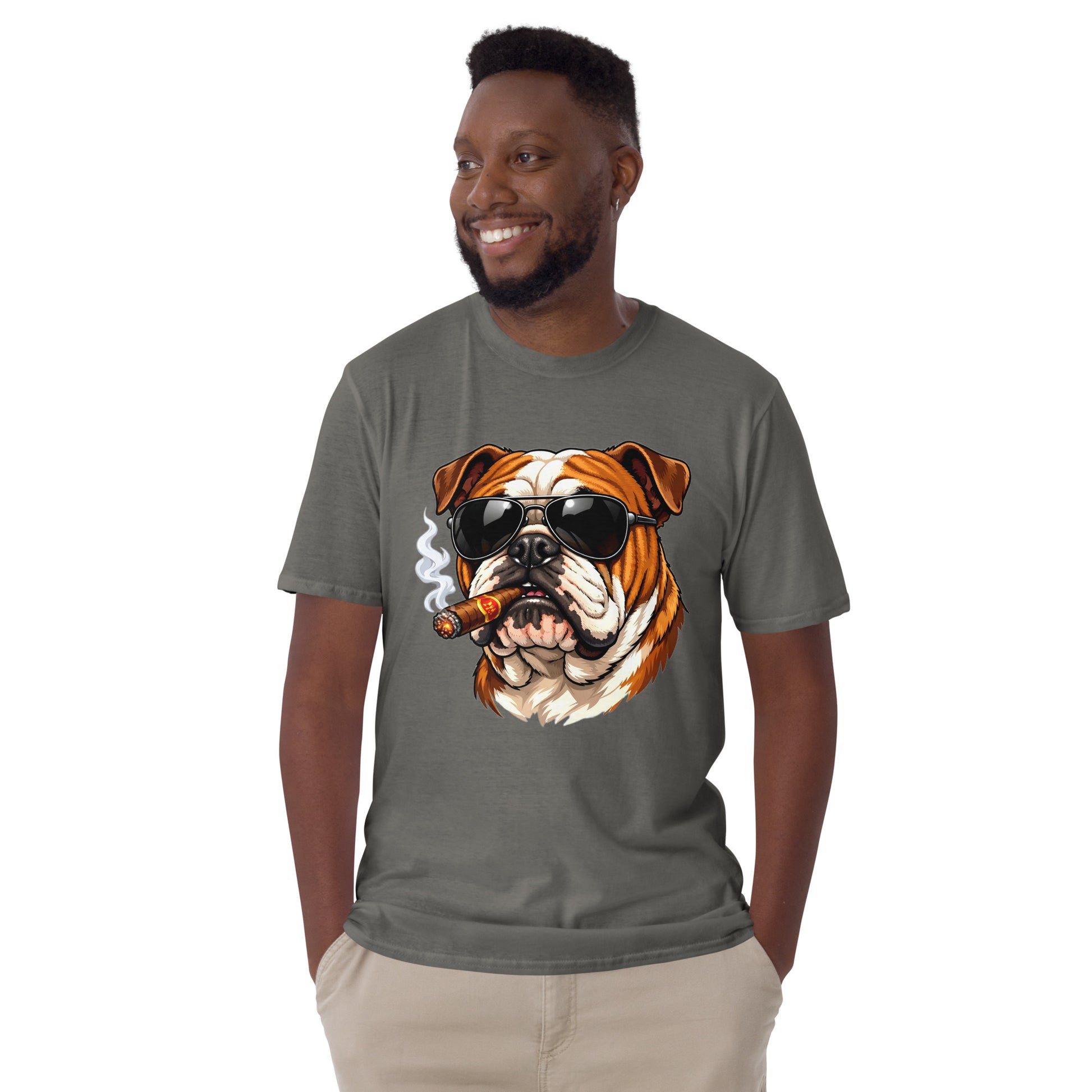 Short-Sleeve Unisex T-Shirt - Boss Bulldog Gentleman T-Shirt – Badass Dog Art & Retro Streetwear Style by printfluence.net