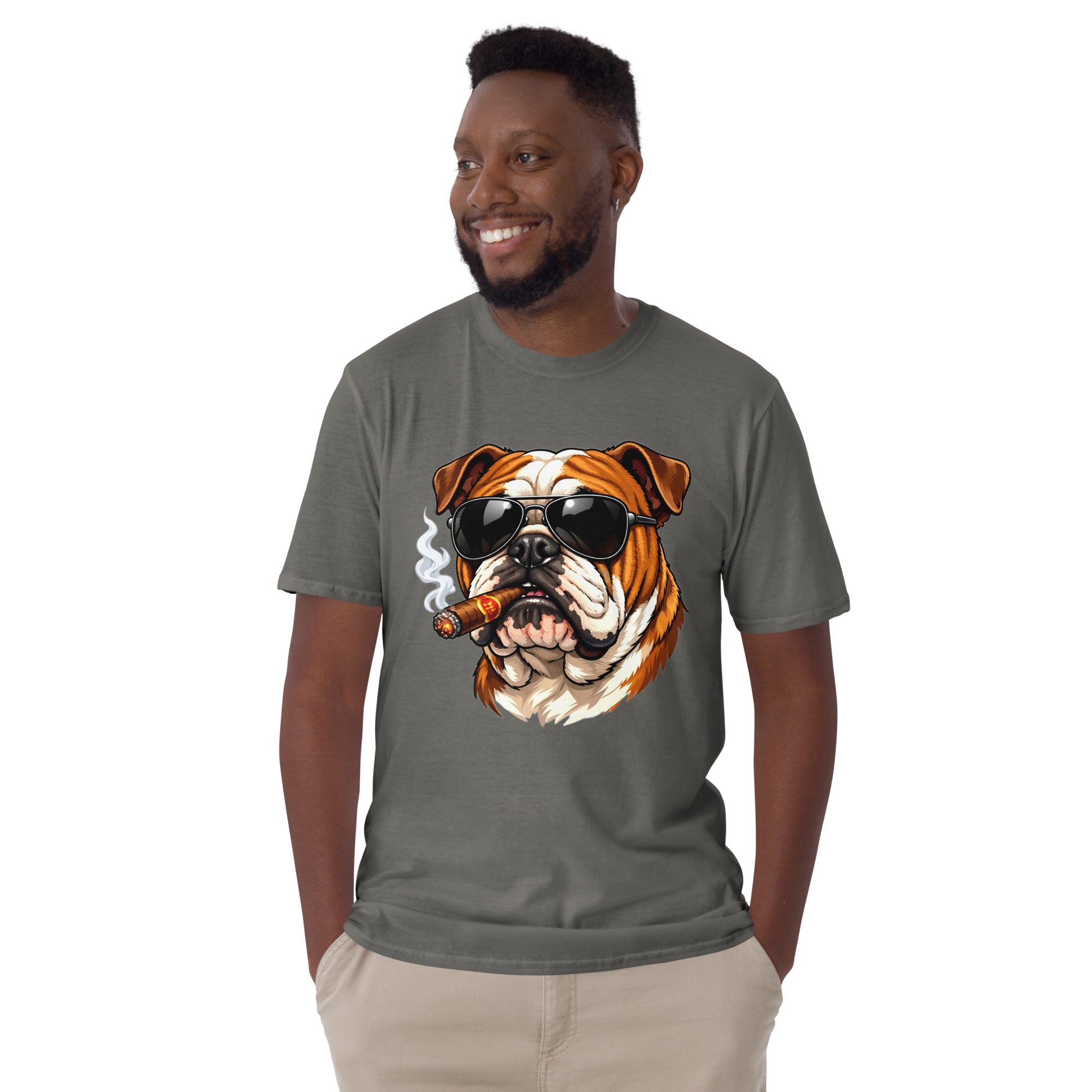 Short-Sleeve Unisex T-Shirt - Boss Bulldog Gentleman T-Shirt – Badass Dog Art & Retro Streetwear Style by printfluence.net