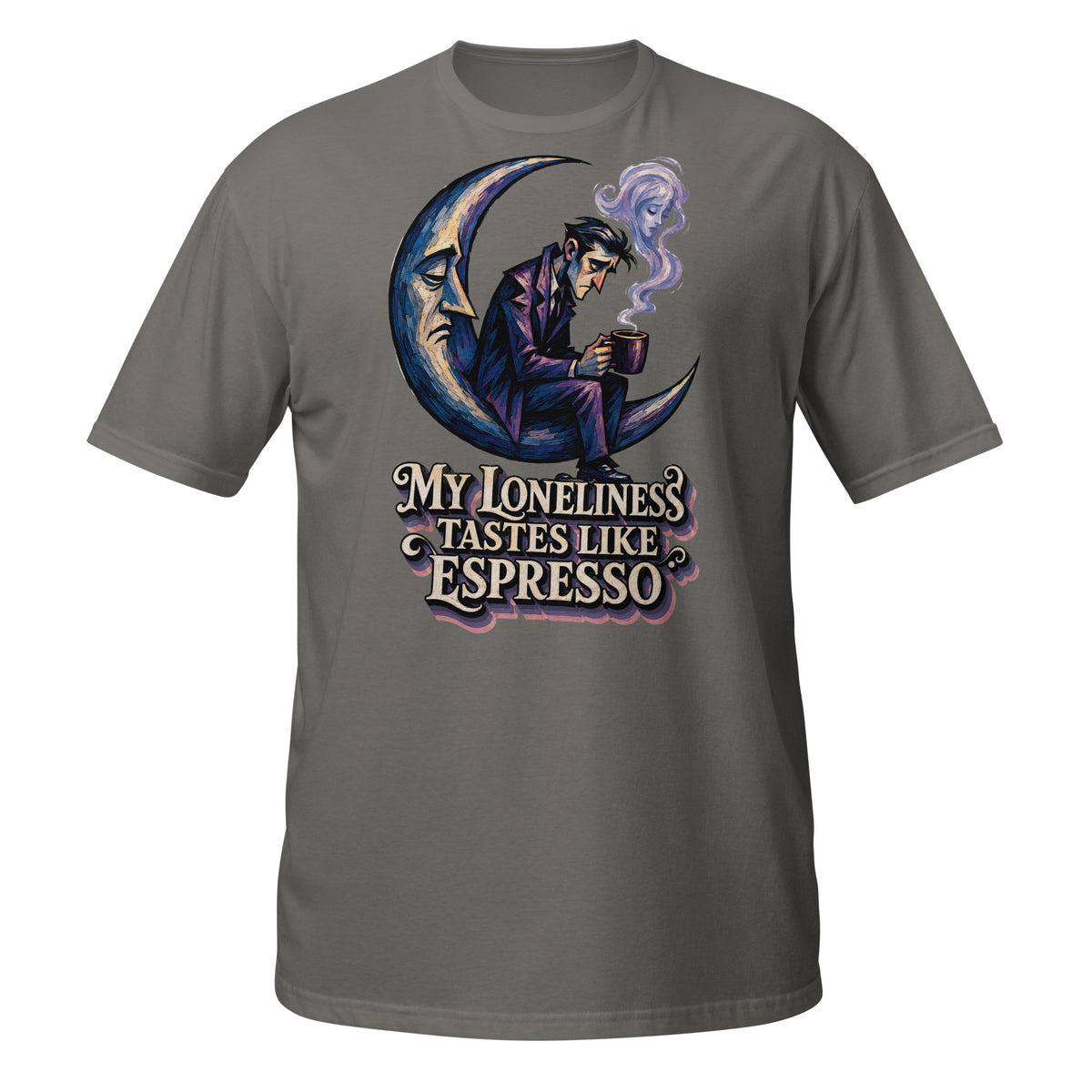 Coffee Lovers Short-Sleeve Unisex T-Shirt My Loneliness Tastes Like Espresso – Melancholic Moon & Coffee Graphic Tee by printfluence.net