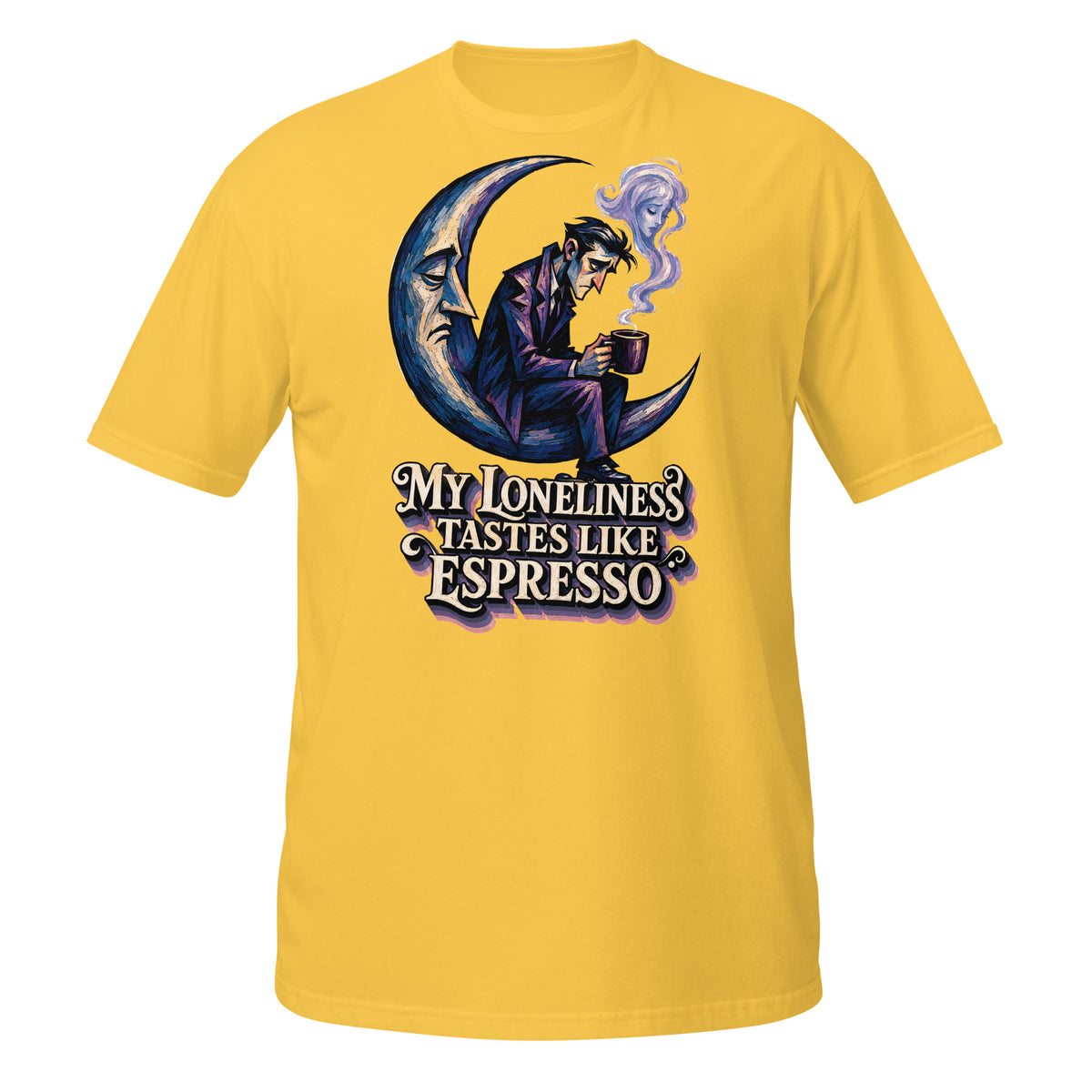 Coffee Lovers Short-Sleeve Unisex T-Shirt My Loneliness Tastes Like Espresso – Melancholic Moon & Coffee Graphic Tee by printfluence.net