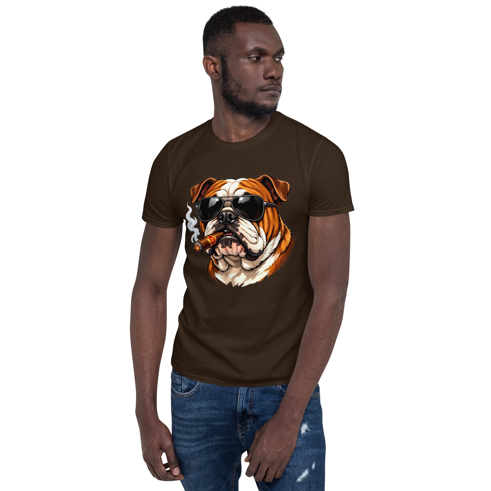 Short-Sleeve Unisex T-Shirt - Boss Bulldog Gentleman T-Shirt – Badass Dog Art & Retro Streetwear Style by printfluence.net