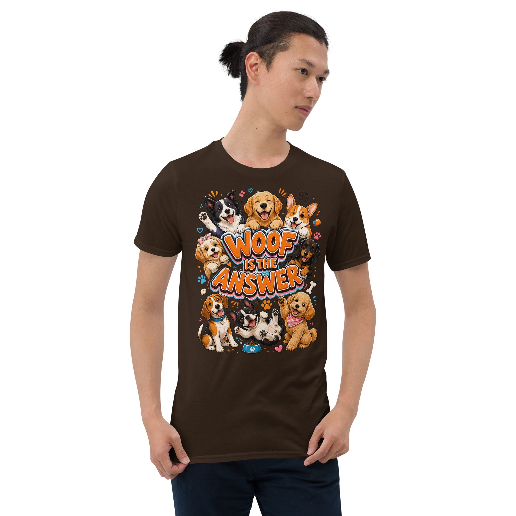 Woof is the Answer Cute Multi-Breed Puppy Short-Sleeve Unisex T-Shirt - Happy Dog Lover Graphic Tee by printfluence.net