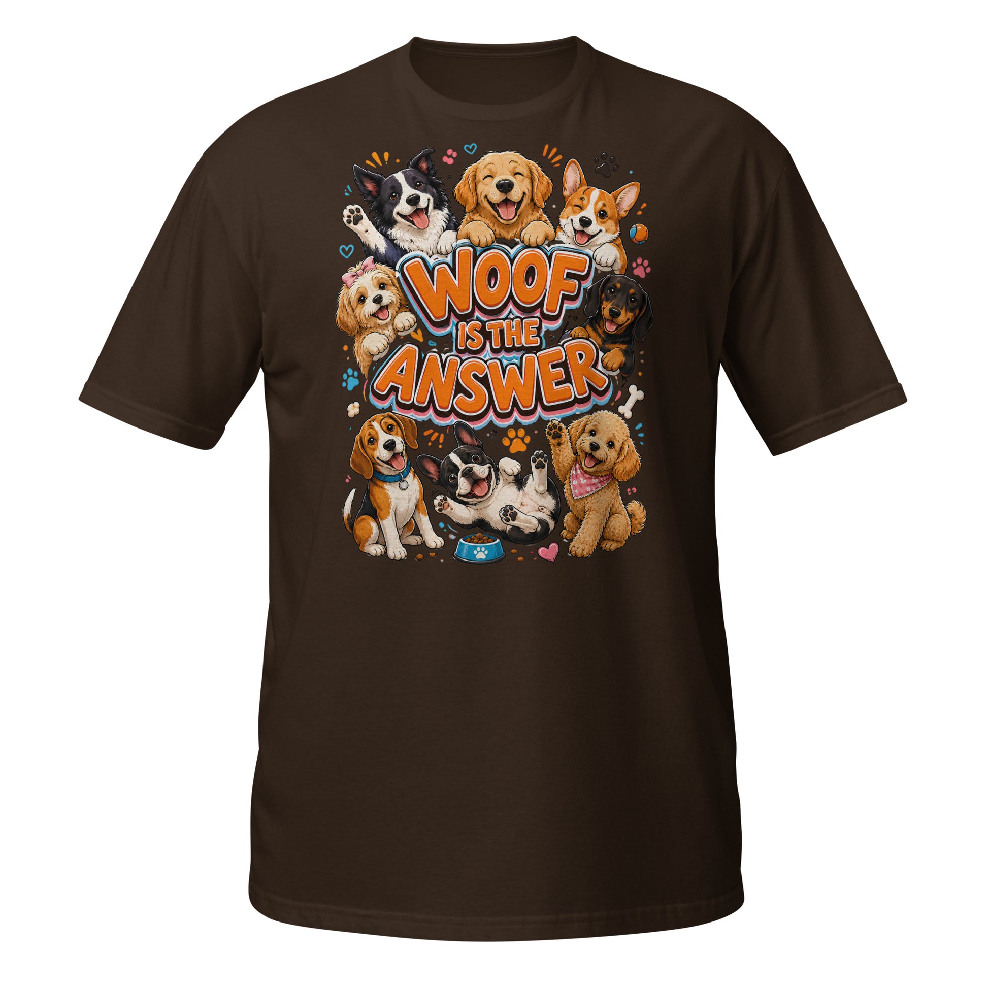 Woof is the Answer Cute Multi-Breed Puppy Short-Sleeve Unisex T-Shirt - Happy Dog Lover Graphic Tee by printfluence.net