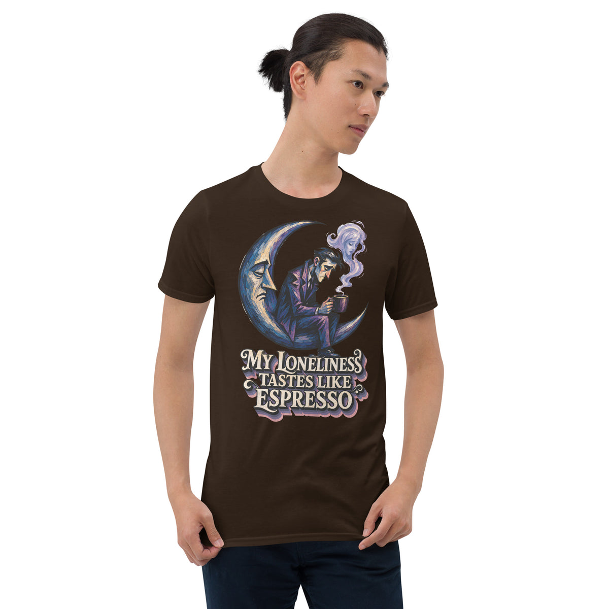 Coffee Lovers Short-Sleeve Unisex T-Shirt My Loneliness Tastes Like Espresso – Melancholic Moon & Coffee Graphic Tee by printfluence.net