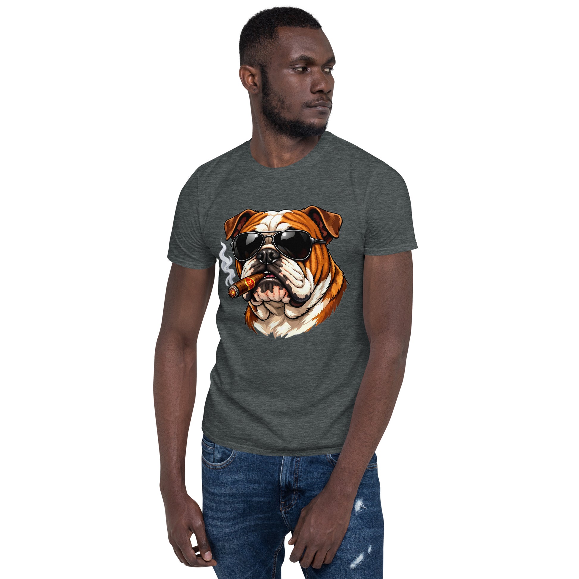 Short-Sleeve Unisex T-Shirt - Boss Bulldog Gentleman T-Shirt – Badass Dog Art & Retro Streetwear Style by printfluence.net
