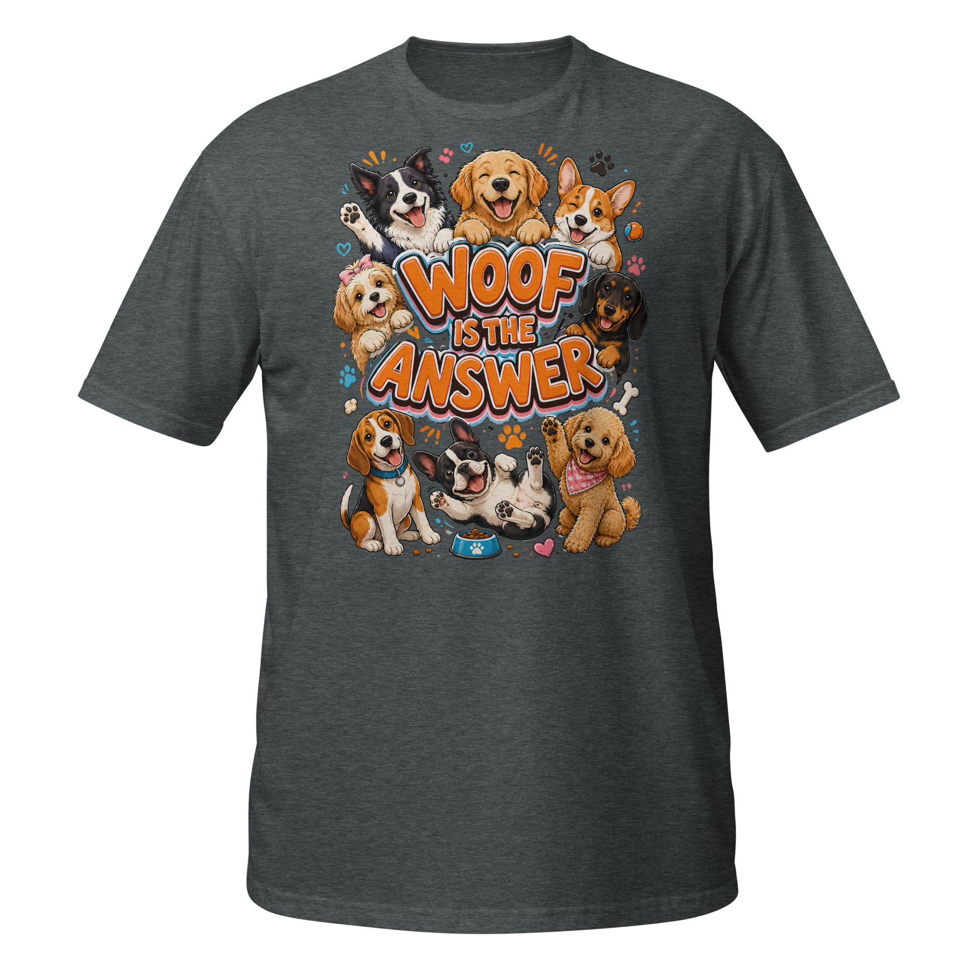 Woof is the Answer Cute Multi-Breed Puppy Short-Sleeve Unisex T-Shirt - Happy Dog Lover Graphic Tee by printfluence.net
