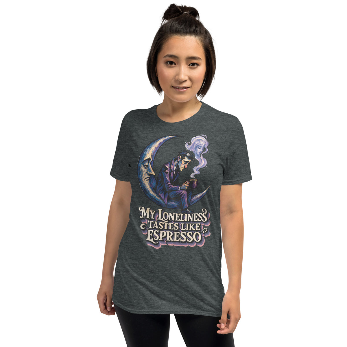 Coffee Lovers Short-Sleeve Unisex T-Shirt My Loneliness Tastes Like Espresso – Melancholic Moon & Coffee Graphic Tee by printfluence.net