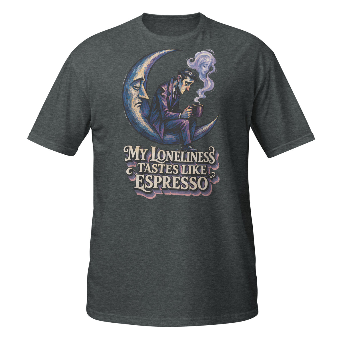 Coffee Lovers Short-Sleeve Unisex T-Shirt My Loneliness Tastes Like Espresso – Melancholic Moon & Coffee Graphic Tee by printfluence.net