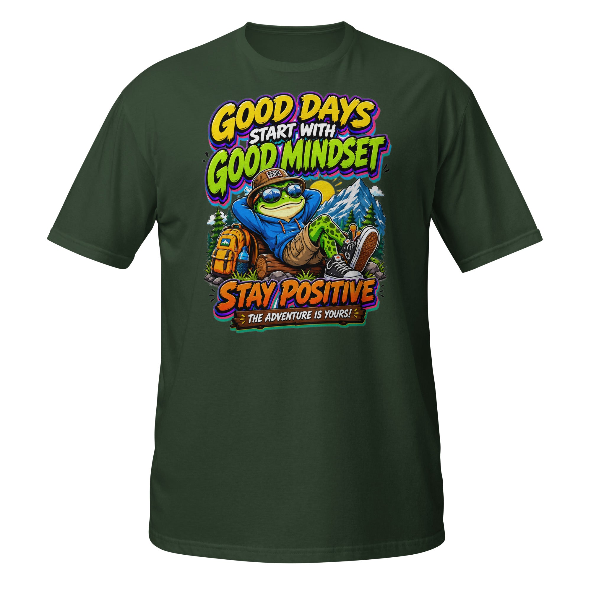 Short-Sleeve Unisex T-Shirt - Elite Adventurer Frog Good Mindset - Premium Cosmic Mountain Positive Design by printfluence.net