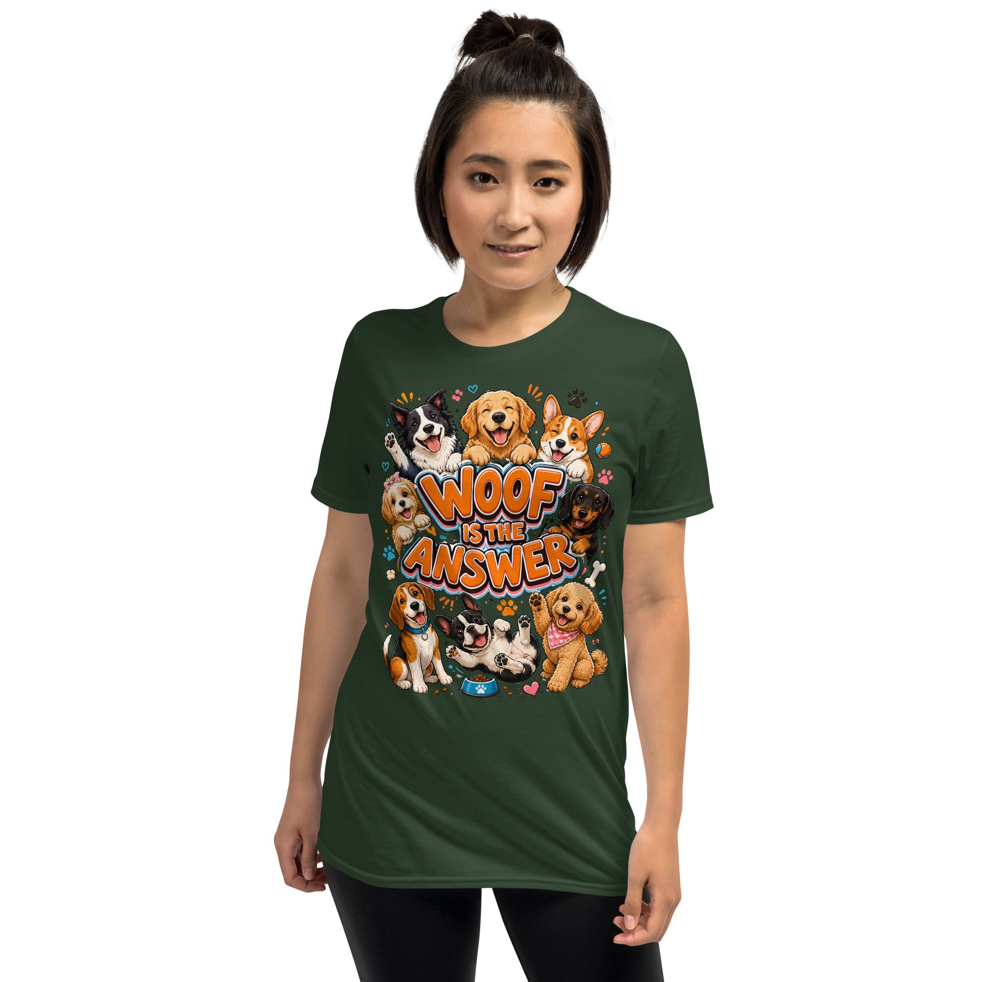 Woof is the Answer Cute Multi-Breed Puppy Short-Sleeve Unisex T-Shirt - Happy Dog Lover Graphic Tee by printfluence.net