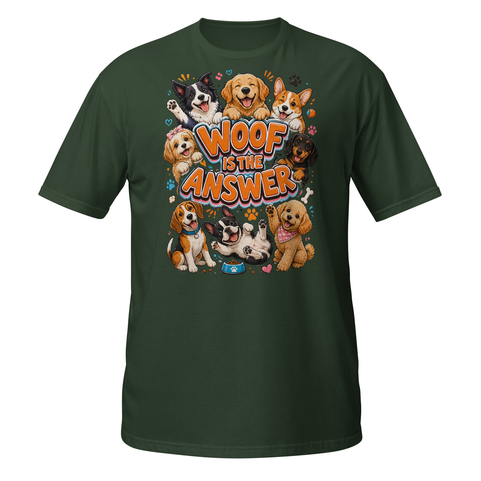 Woof is the Answer Cute Multi-Breed Puppy Short-Sleeve Unisex T-Shirt - Happy Dog Lover Graphic Tee by printfluence.net