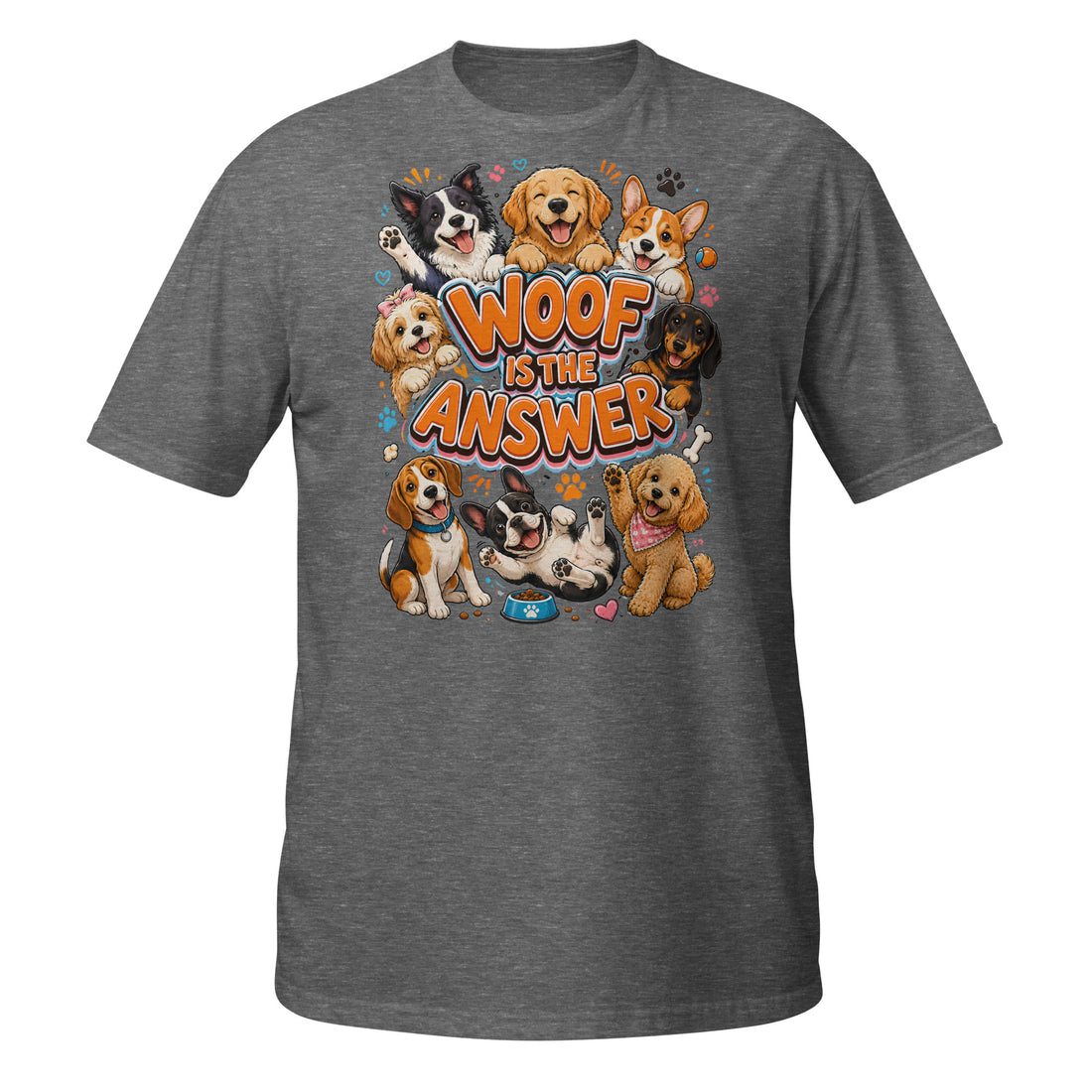 Woof is the Answer Cute Multi-Breed Puppy Short-Sleeve Unisex T-Shirt - Happy Dog Lover Graphic Tee by printfluence.net