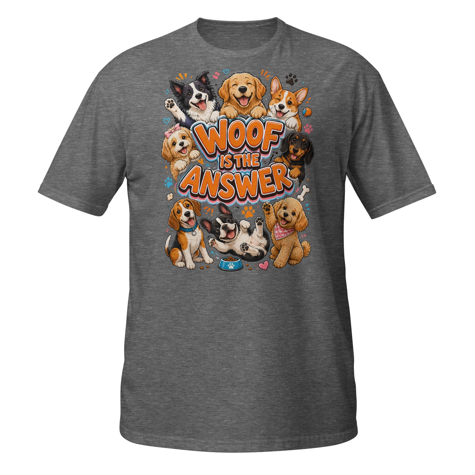 Woof is the Answer Cute Multi-Breed Puppy Short-Sleeve Unisex T-Shirt - Happy Dog Lover Graphic Tee by printfluence.net