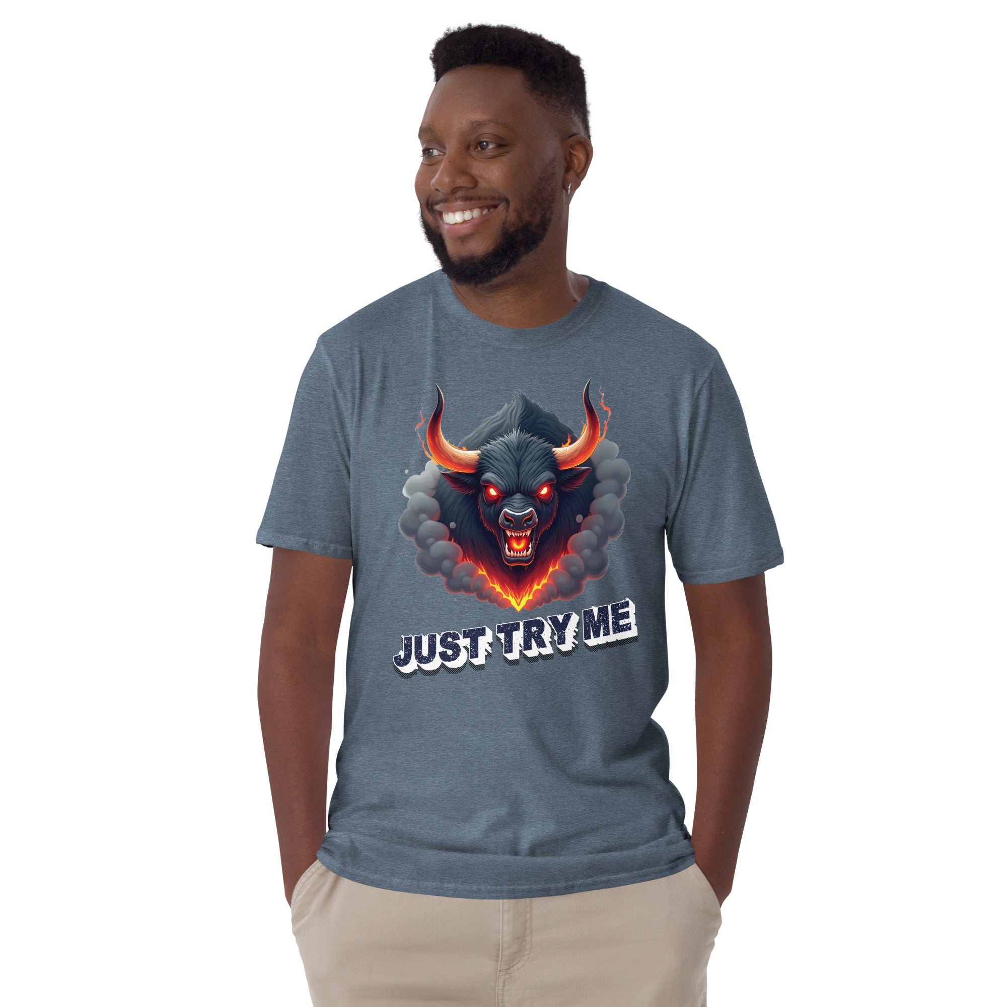 Short-Sleeve Unisex T-Shirt - Just Try Me Bull Short-Sleeve Tee – Fearless Power for Elite Warriors by printfluence.net