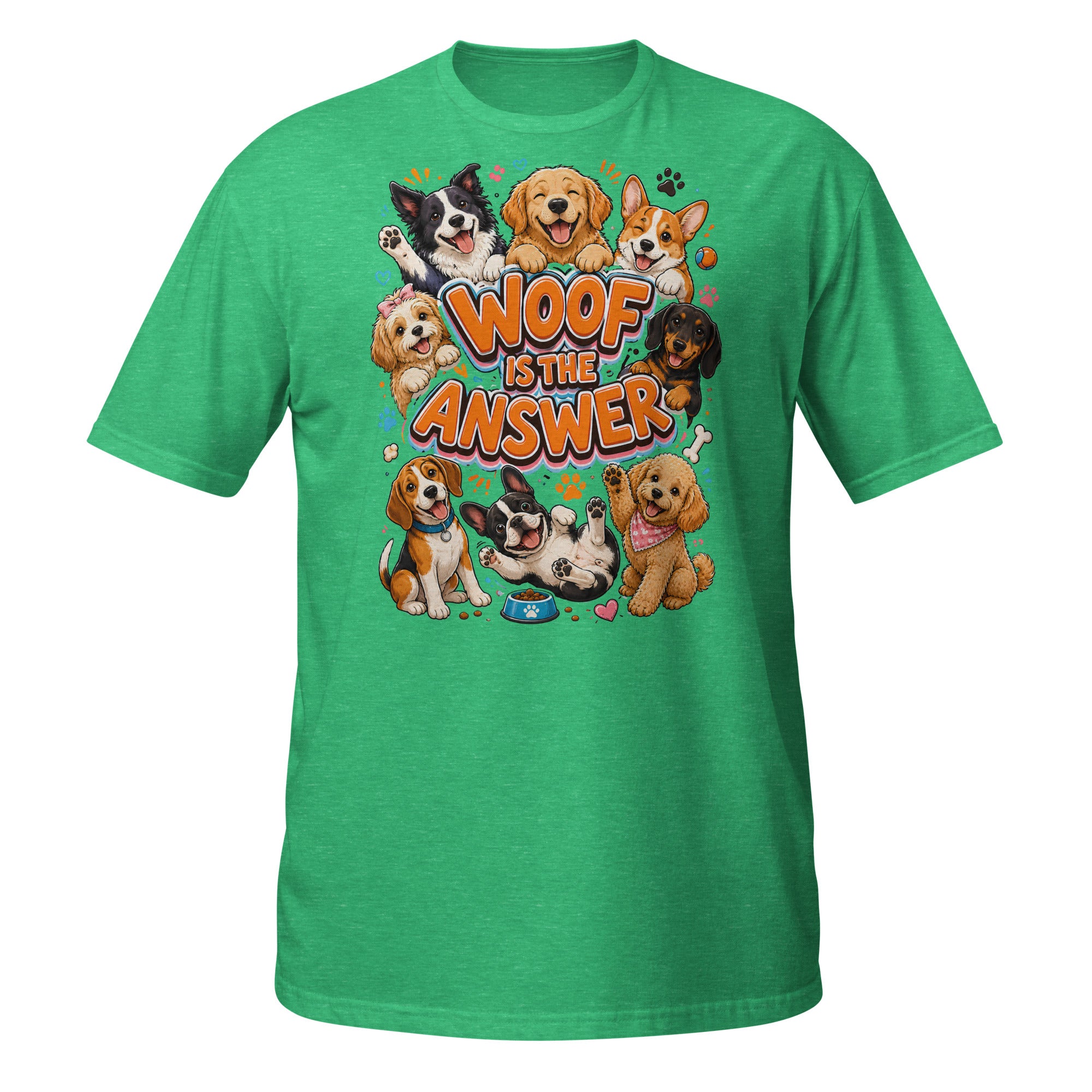 Woof is the Answer Cute Multi-Breed Puppy Short-Sleeve Unisex T-Shirt - Happy Dog Lover Graphic Tee by printfluence.net