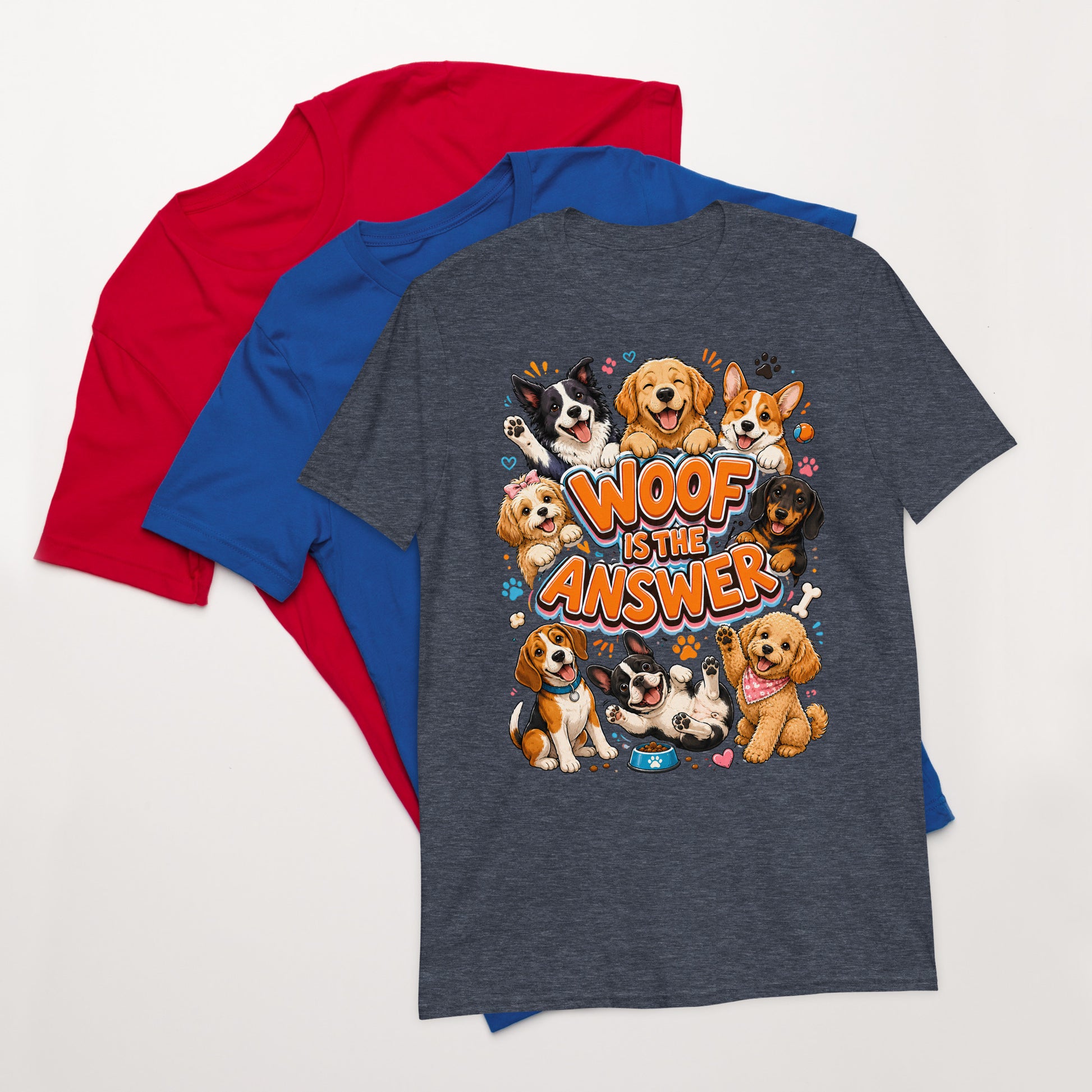 Woof is the Answer Cute Multi-Breed Puppy Short-Sleeve Unisex T-Shirt - Happy Dog Lover Graphic Tee by printfluence.net