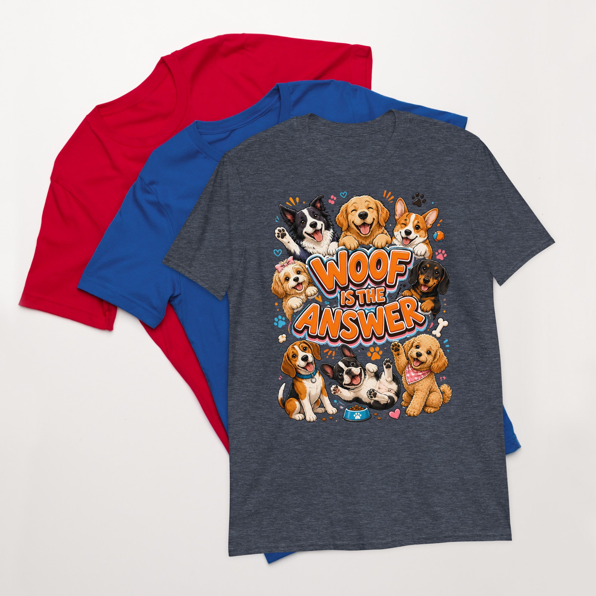 Woof is the Answer Cute Multi-Breed Puppy Short-Sleeve Unisex T-Shirt - Happy Dog Lover Graphic Tee by printfluence.net