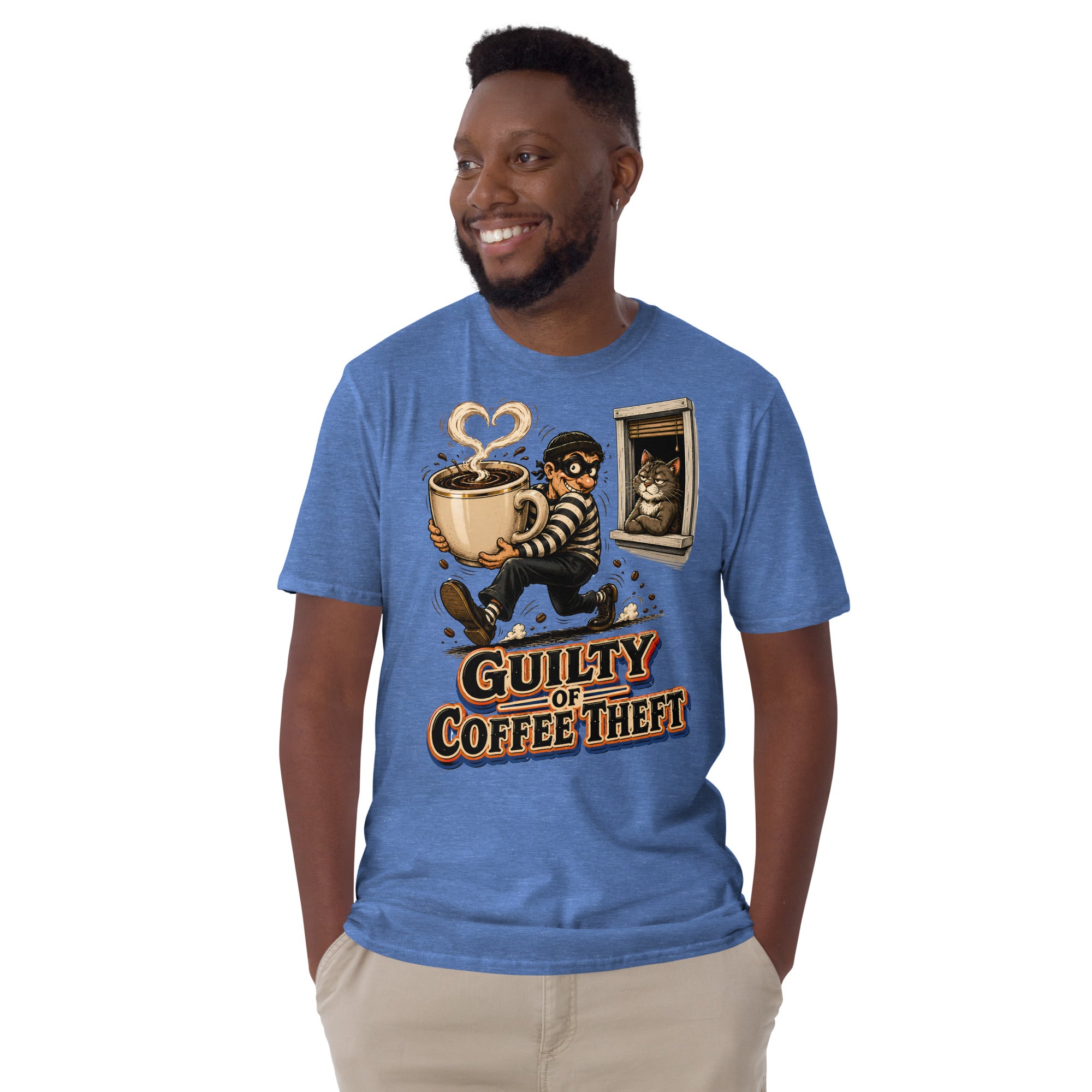 Coffee Lovers Short-Sleeve Unisex T-Shirt Guilty of Coffee Theft – Funny Cat & Thief Graphic Tee by printfluence.net