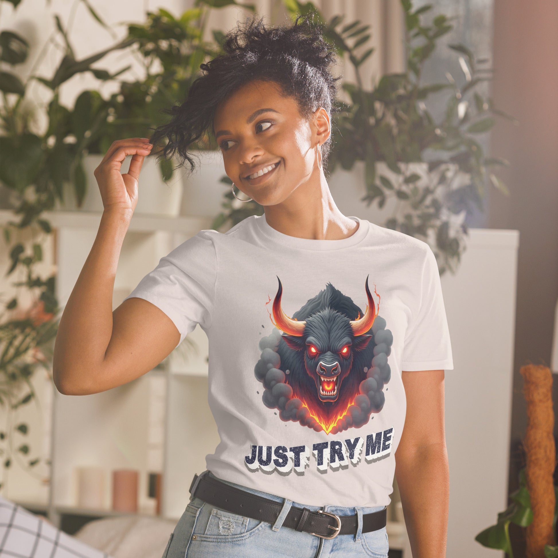 Short-Sleeve Unisex T-Shirt - Just Try Me Bull Short-Sleeve Tee – Fearless Power for Elite Warriors by printfluence.net
