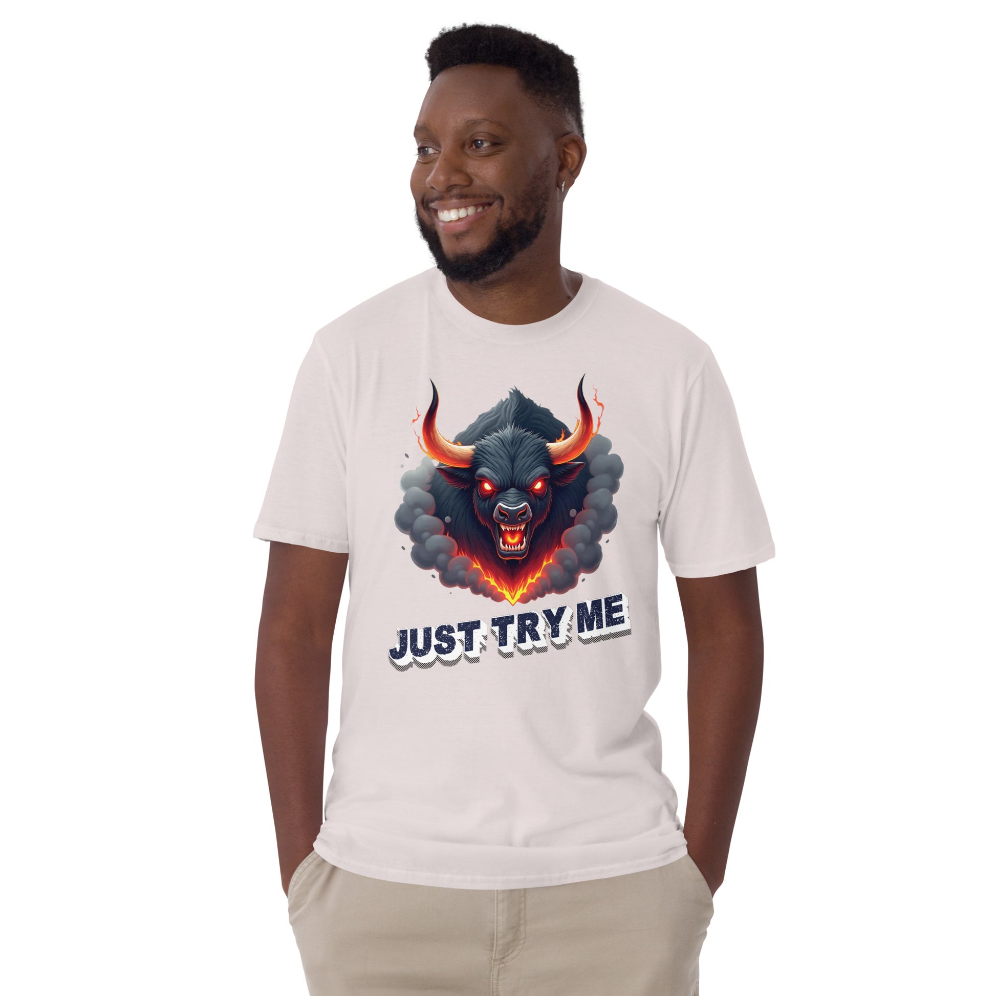 Short-Sleeve Unisex T-Shirt - Just Try Me Bull Short-Sleeve Tee – Fearless Power for Elite Warriors by printfluence.net