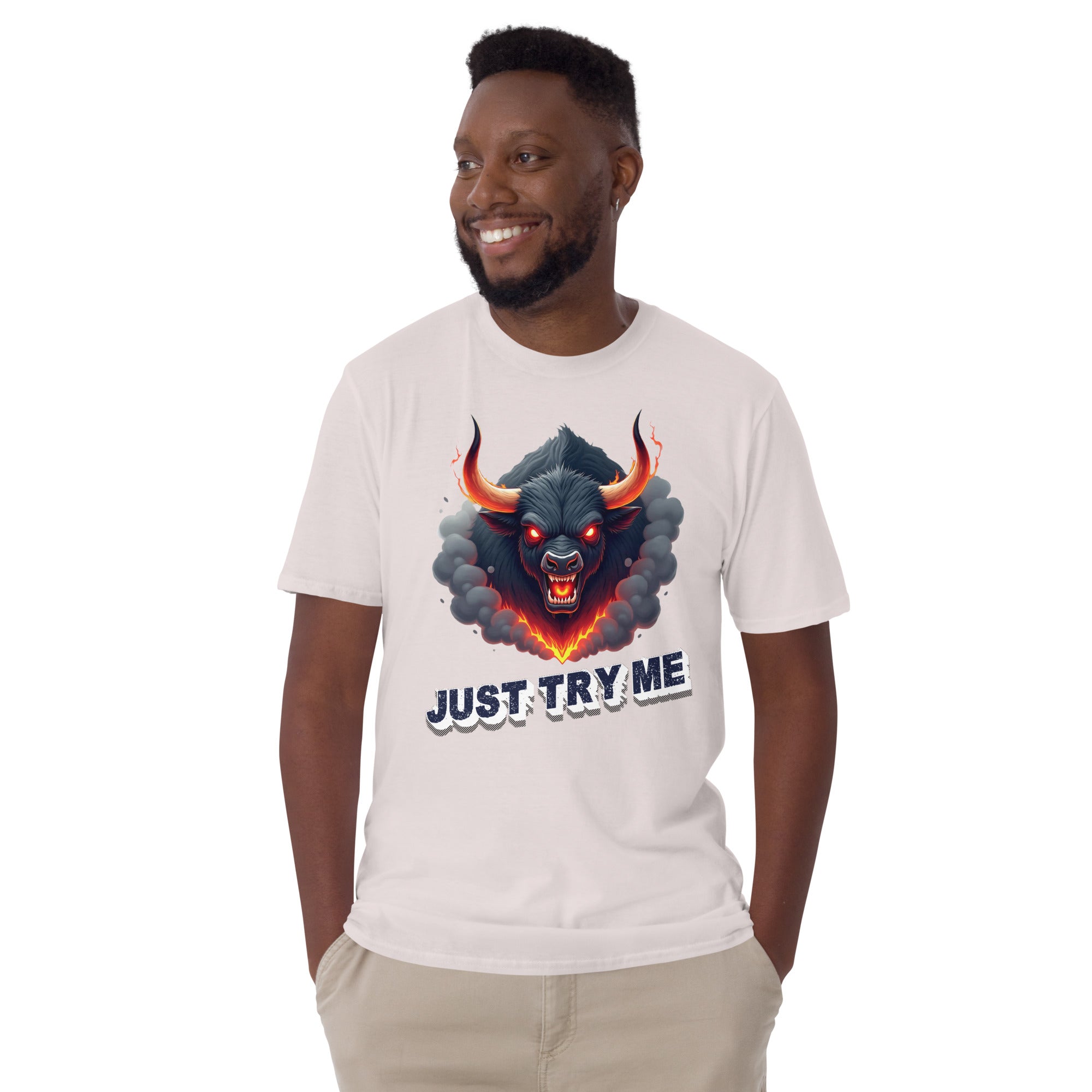 Short-Sleeve Unisex T-Shirt - Just Try Me Bull Short-Sleeve Tee – Fearless Power for Elite Warriors by printfluence.net