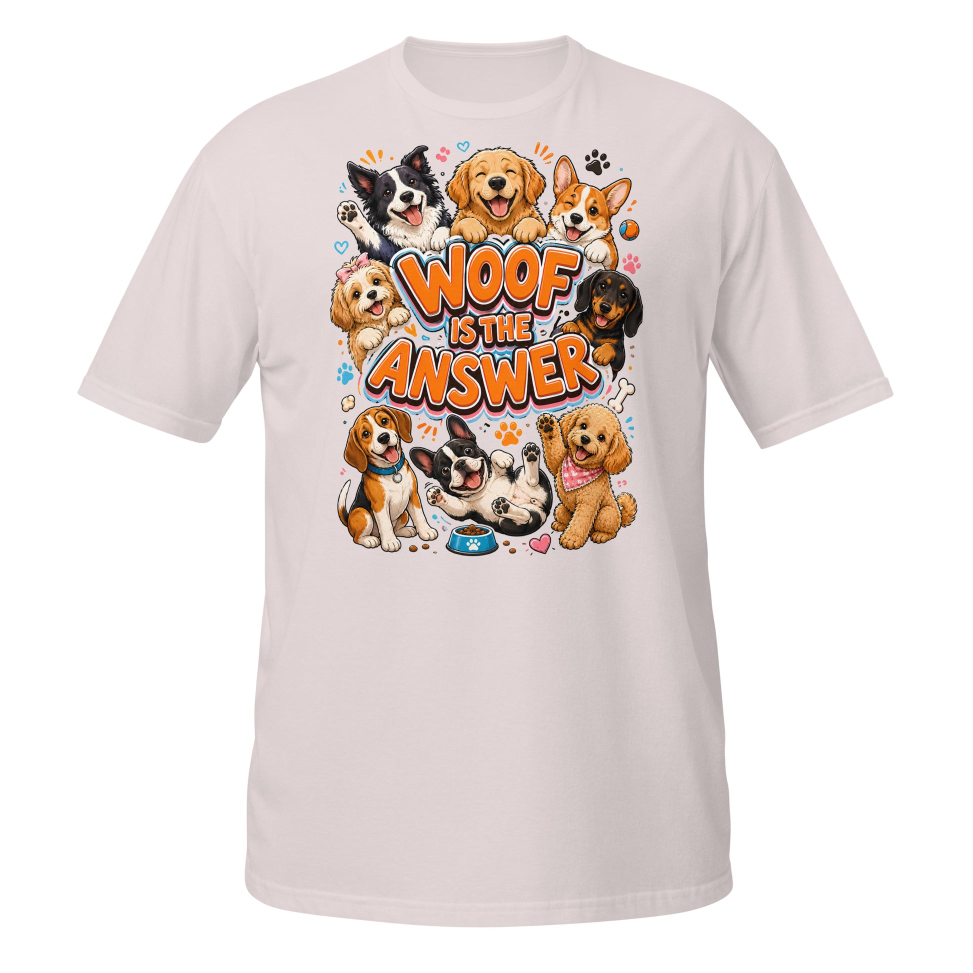 Woof is the Answer Cute Multi-Breed Puppy Short-Sleeve Unisex T-Shirt - Happy Dog Lover Graphic Tee by printfluence.net
