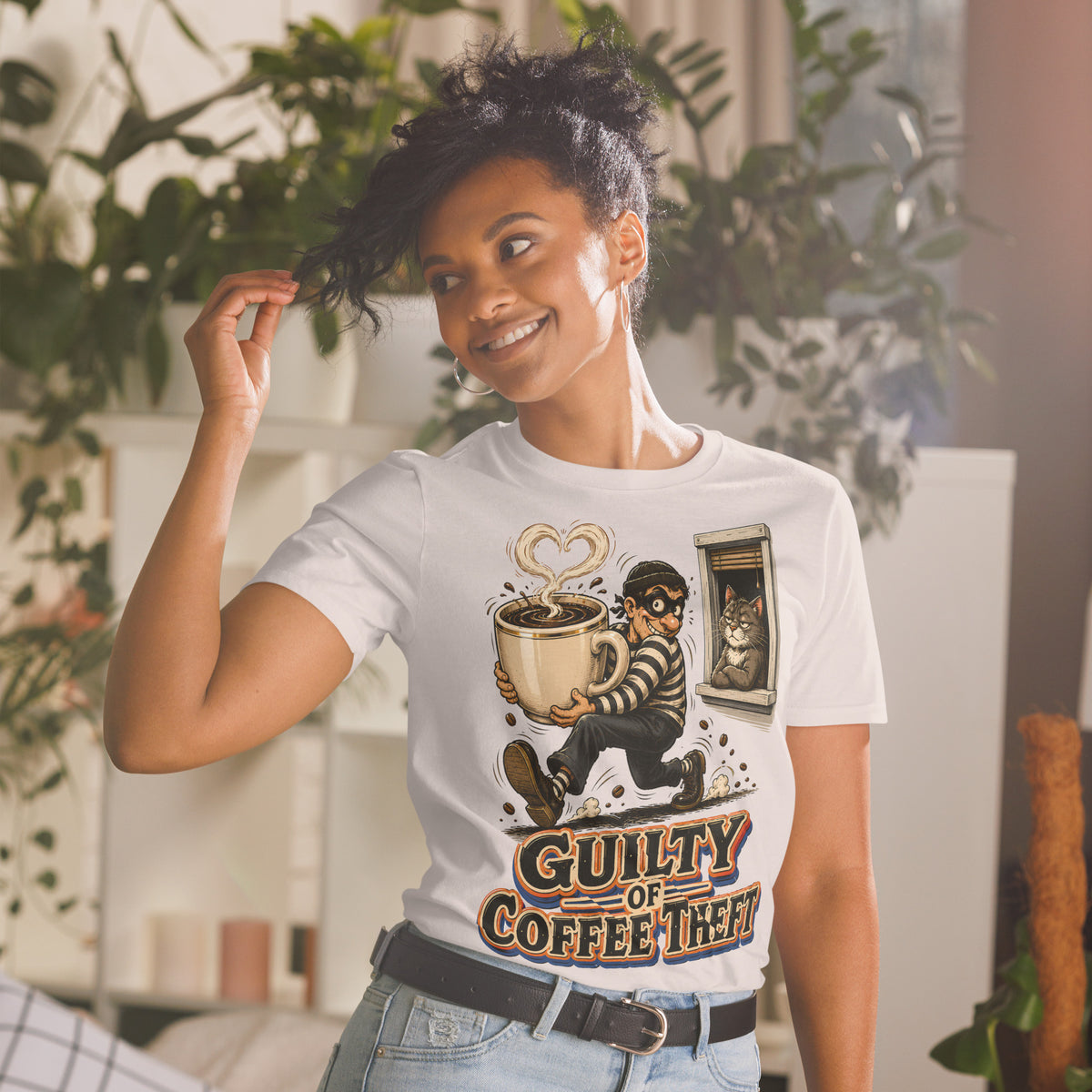 Coffee Lovers Short-Sleeve Unisex T-Shirt Guilty of Coffee Theft – Funny Cat & Thief Graphic Tee by printfluence.net